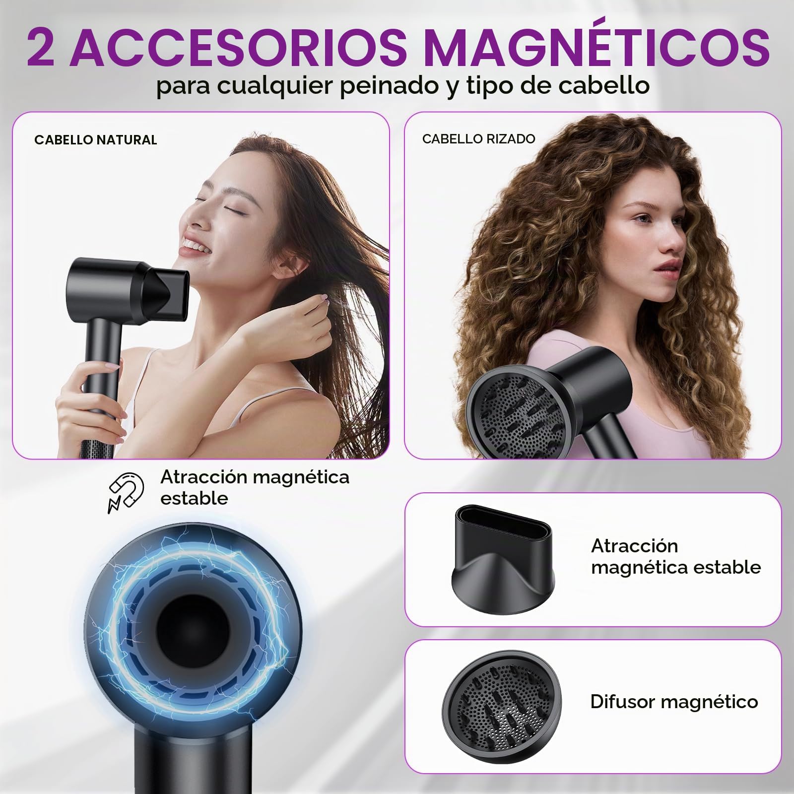 Secador de Pelo, Secador Pelo Profesional Iónico Portátil 160000 RPM, Secado Rápido, 500M Iones, Control de Temperatura, Con Difusor Magnético y Boquilla, 4 Niveles de Temperatura y 3 Velocidades