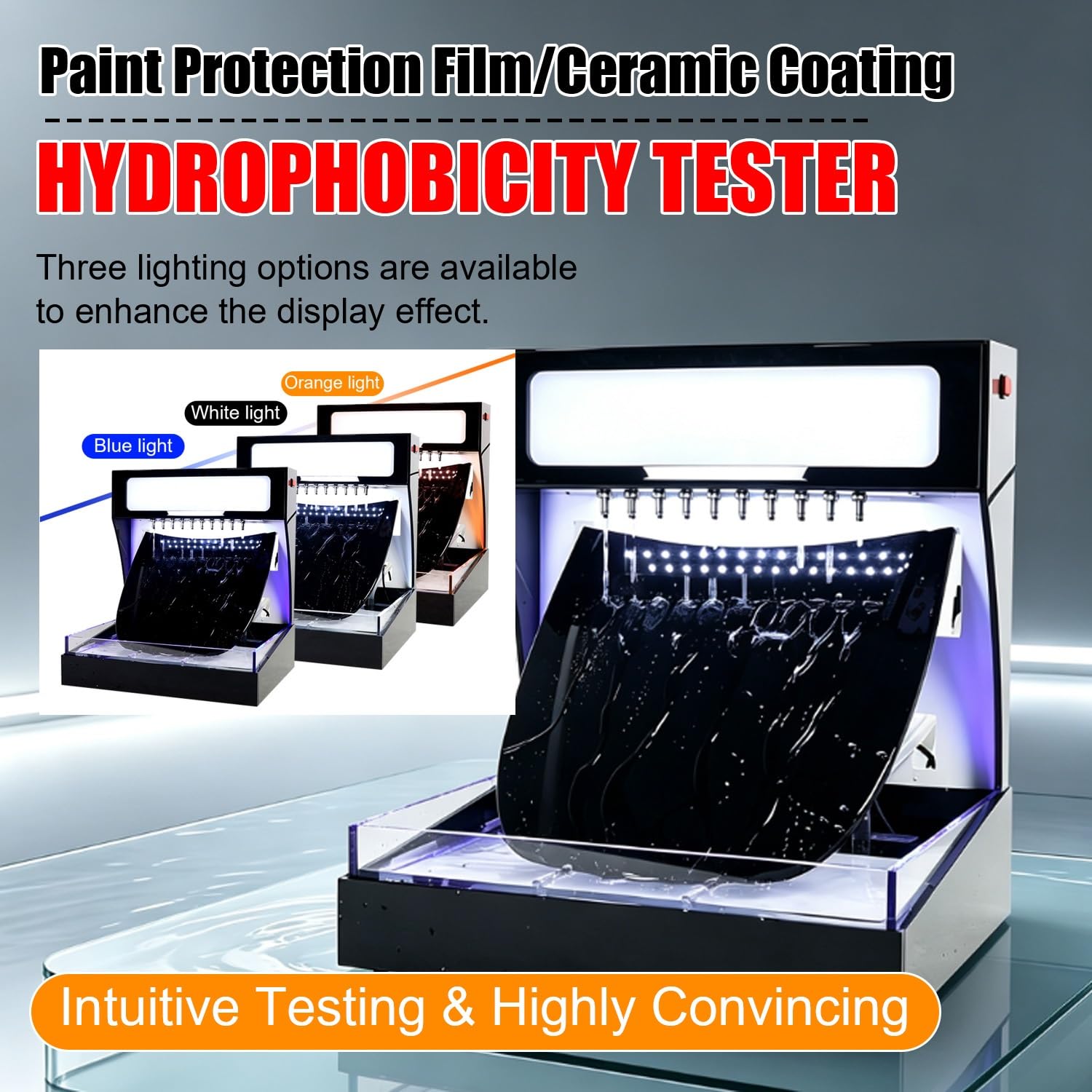 Macchina Per Test Di Idrofobicità Per Pellicole, Tester Per Pellicole | Uscita Dell'acqua In Acciaio Inox, Modalità Di Spruzzo Regolabile, Con Pompa, Luce LED, Per Verniciatura Auto(White light)
