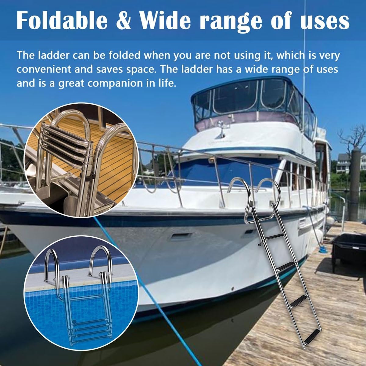 Foldable Swimming Pool Dock Ladder,3/4-Step Stainless Steel Telescoping Boat Ladder with with Pedal Hand Railing,Heavy Duty Boat Boarding Ladder,for Marine Yacht, Dock, Pontoon, Swimming Pool(3-step)