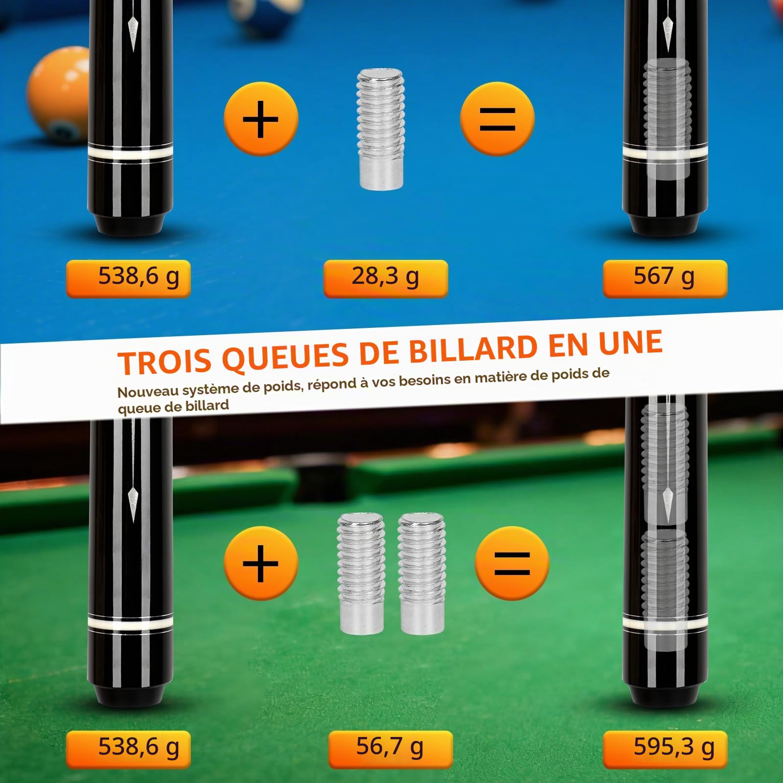 AKLOT Queue de Billard 147cm 539g avec vis de réglage du Poids de 567g/595g