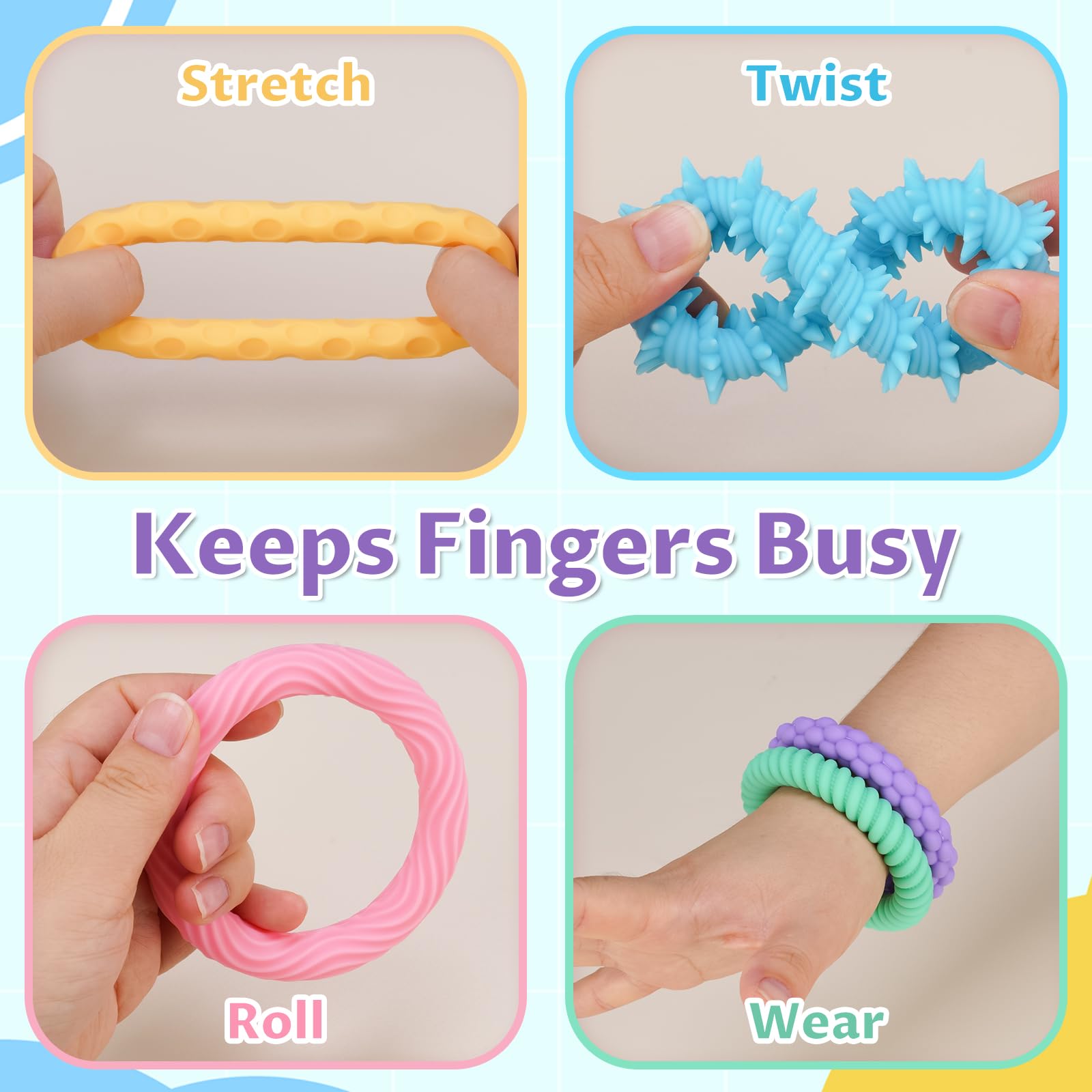 NiToy 5-Pack Macaron Colors Silicone Stretchy Bracelet Fidget Toys for Kids, Textured Design Sensory Chew Toys for Anxiety Relief and Focus, Wearable Stress Relief Band Toys for Toddlers and Children - Image 4