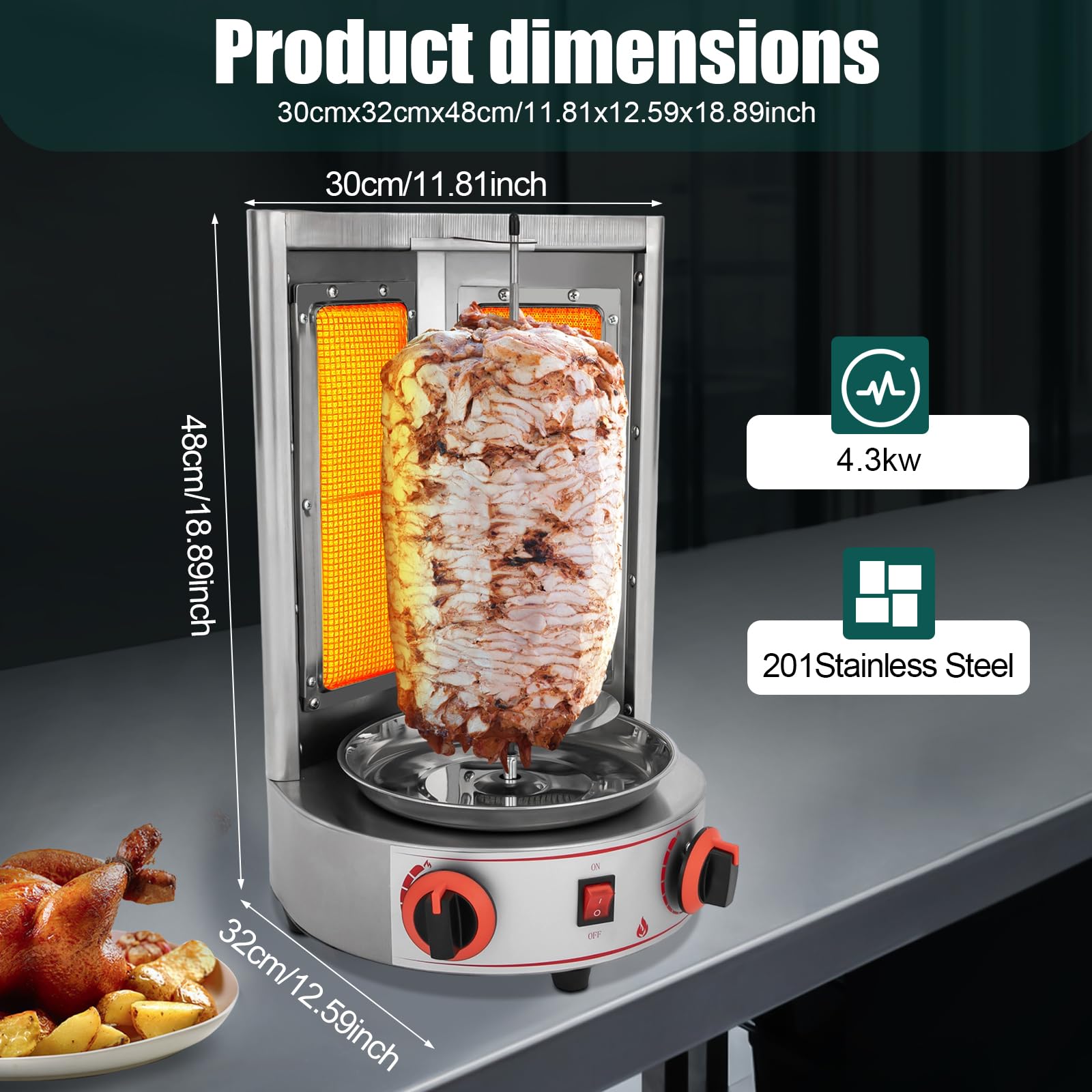 Barbacoa de gas de 4300 W, 220 V, pincho de kebab de 360°, máquina de kebab de gas, barbacoa de acero inoxidable, parrilla vertical para casa, parrilla de pollo, parrilla de mesa para vacuno, cerdo