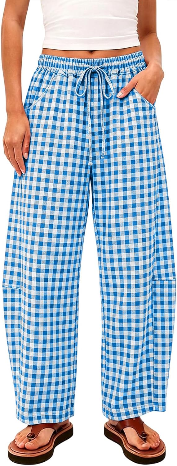 Women's Gingham Pants Plaid Pajamas Elastic Waist Lounge Bottoms Casual Summer Pants Wide Leg Fall Pant with Pockets