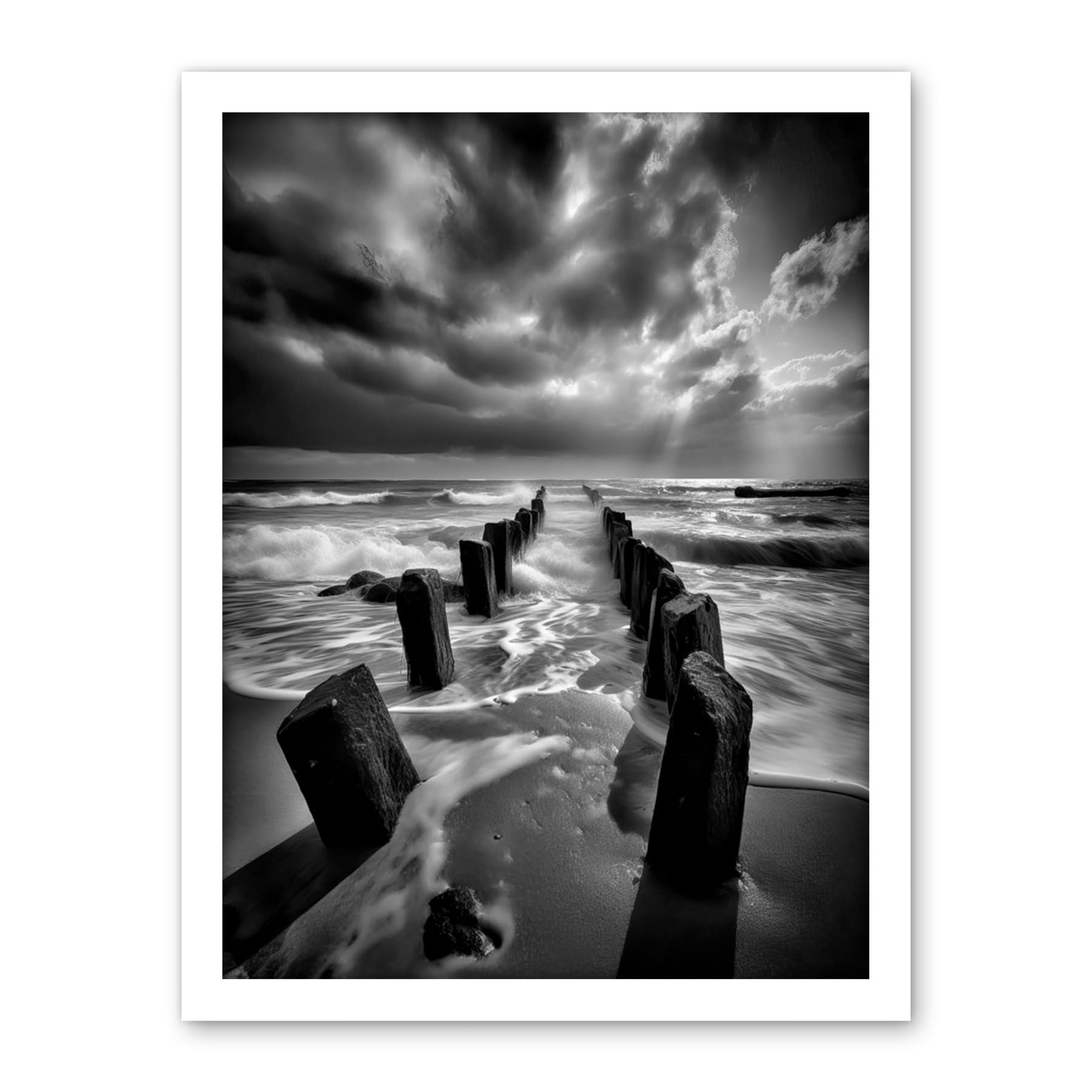 Artery8 Pier Ruins Black and White Dramatic Coastal Photo Artwork Framed Wall Art Print 18X24 Inch