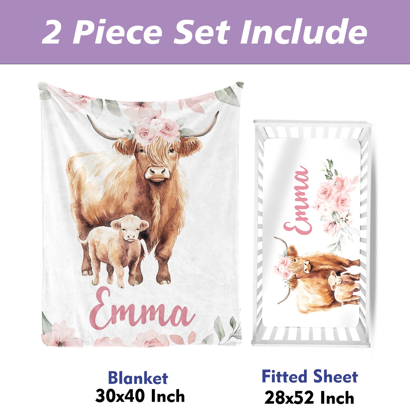 HSHRYY Custom Baby Crib Bedding Set with Name - Personalized 2 Piece Baby Bedding Set - Highland Cow Design - Soft Blanket with Dotted Backing and Fitted Sheet - A Wonderful Gift
