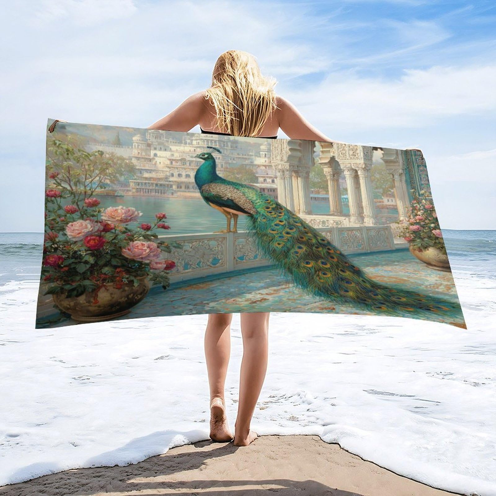 Luyysky Modern Vintage Elegant Peacock Absorbent Beach Towel, Classic Watercolor Castle Animal Peacock Plant Floral Outdoor Single-Sided Velvet Beach Towel-80 W Cm X 160" L Cm