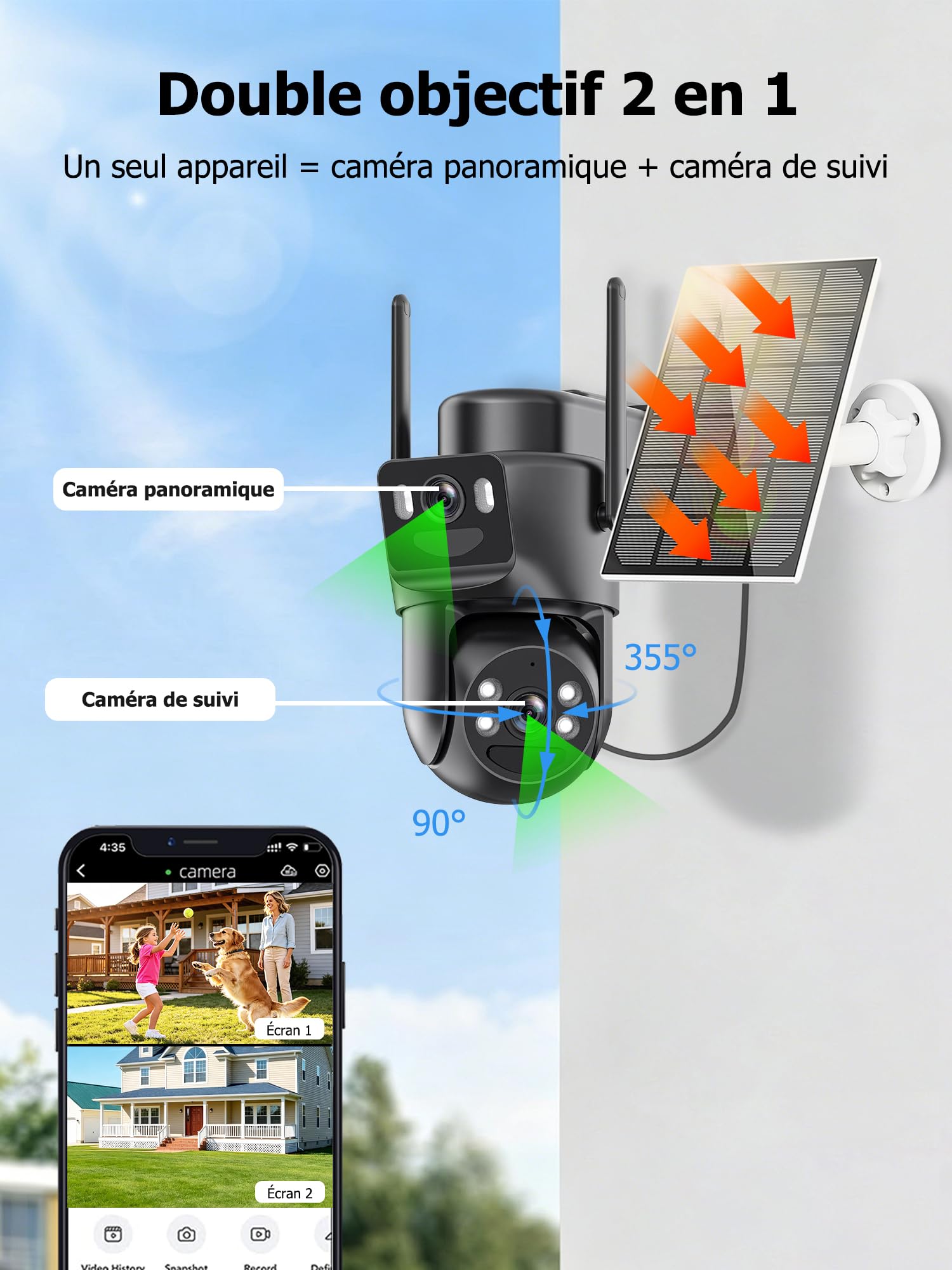 4K Camera Surveillance WiFi Exterieure sans Fil,AOV 24/7,Camera Solaire/Batterie 10000 mAh/Double Objectif,caméras de Surveillance Audio Bidirectionnel,360°PTZ Sécurité à Domicile,Suivi Automatique