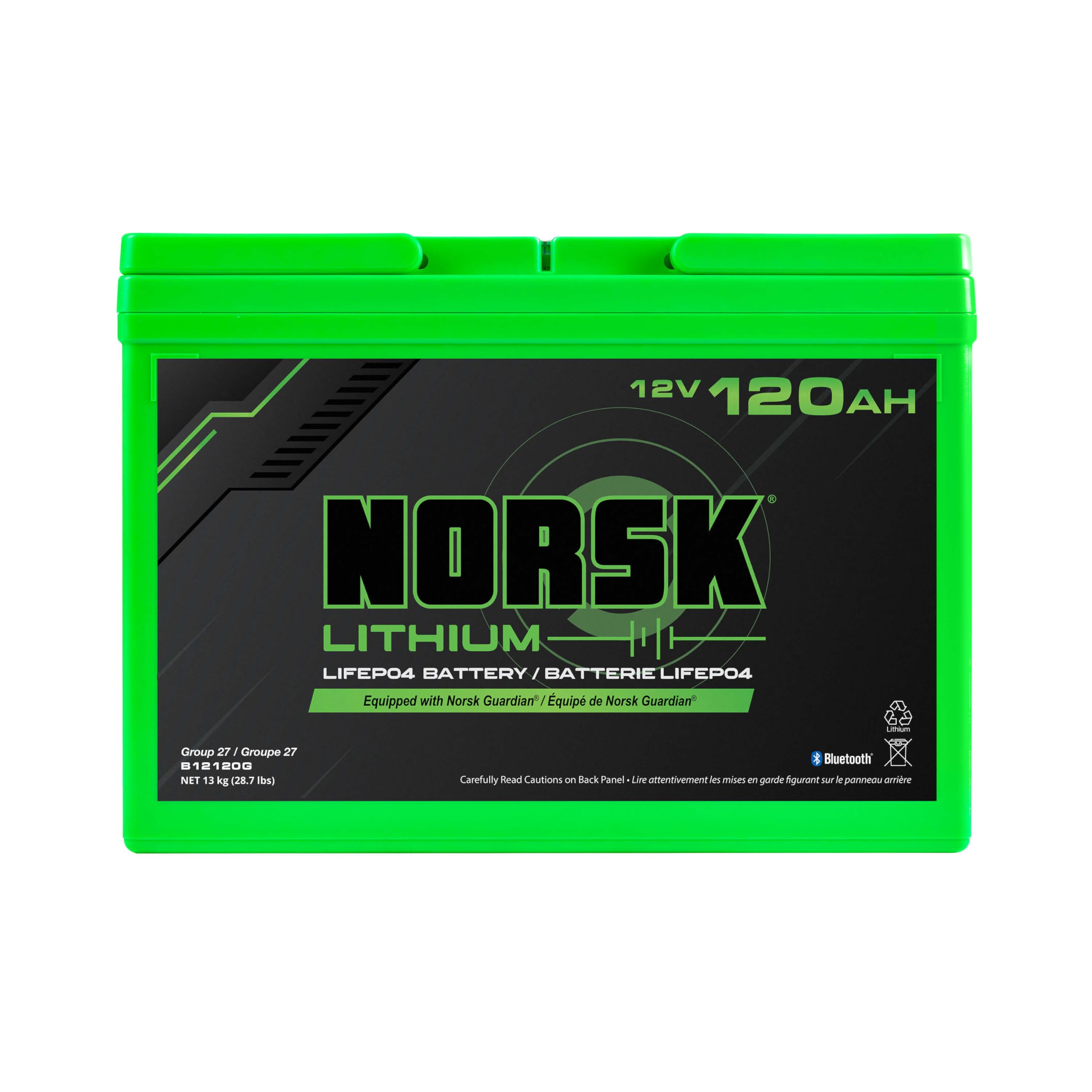 Norsk Lithium 12V 120AH LiFePO4 Deep Cycle Battery | Group 27 | Bluetooth | One-Touch Power Management Button | IP67 Waterproof | Perfect for RV, Solar, Boat, Marine, Trolling Motor
