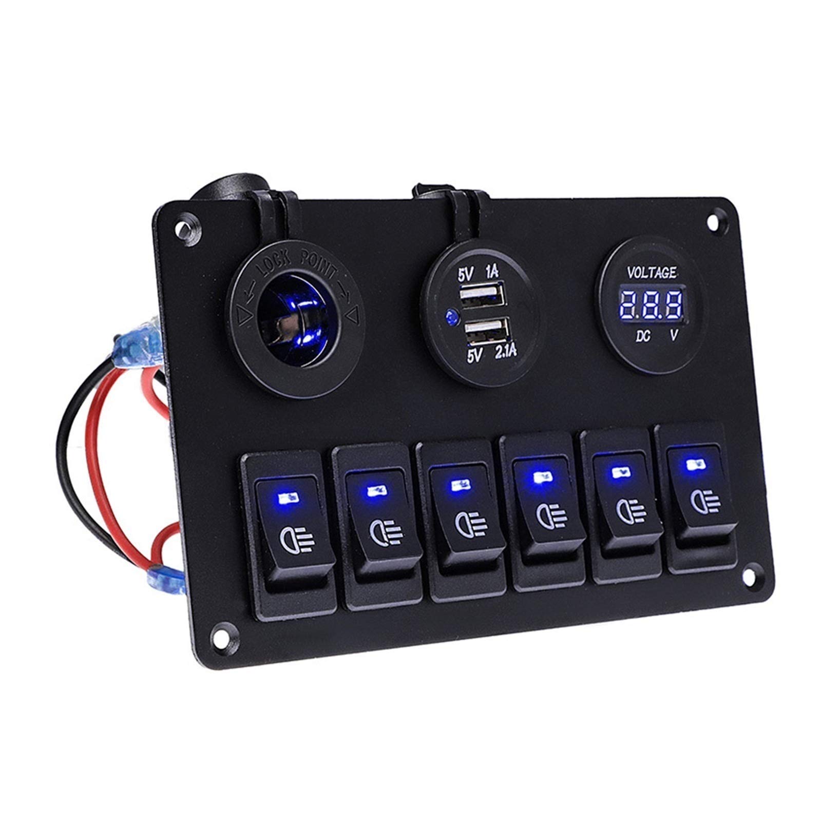 6-krotny panel przełączników, do gniazda zasilania 12 V, ładowarki USB, 3,1 A, cyfrowy woltomierz, przełącznik kołyskowy, sterowanie samochodem, łodzią, kamperem, kempingową