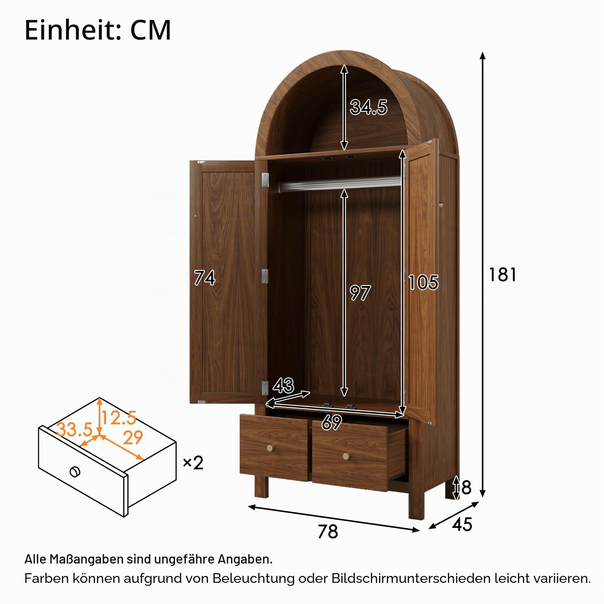 Kebnor Kleiderschrank 181x78x45 cm mit Rattan-Flechten, Landhausstil in Walnussoptik, offene halbrunde Ablage, 2 Türen mit Magnetverschluss, 2 Schubladen, Kleiderstange und Kippsicherung