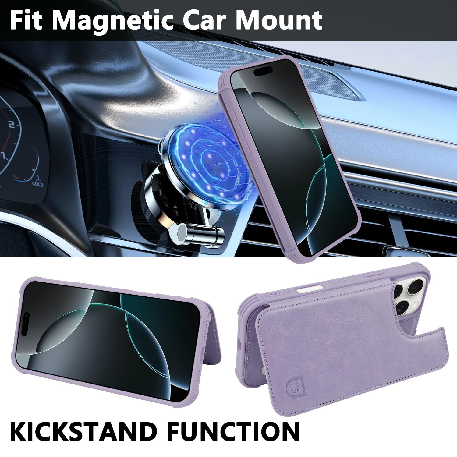 VANAVAGY Compatible for iPhone 16 Pro Wallet Case with Credit Card Holder,Rfid Leather Flip Folio Phone Cover Fits Magnetic Car Mount and Stand with Screen Camera Protector,Clove Purple - Image 4