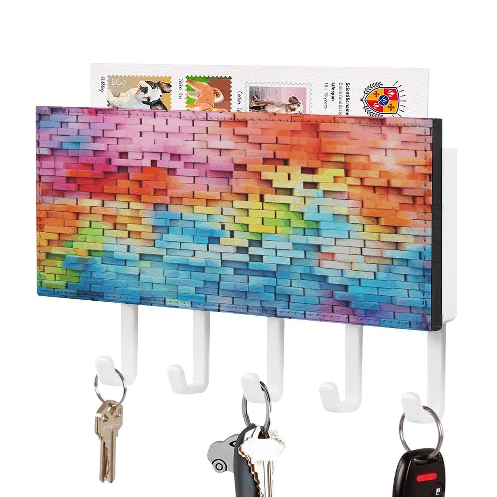 Fekiloot White-Style Colorful Wall Key Holder Wall Mount Key And Mail Holder Key Hanger With 5 Hooks Decorative Pu Key Rack Hanging Key Hooks For Wall Living Room Kitchen Bathroom Hallway
