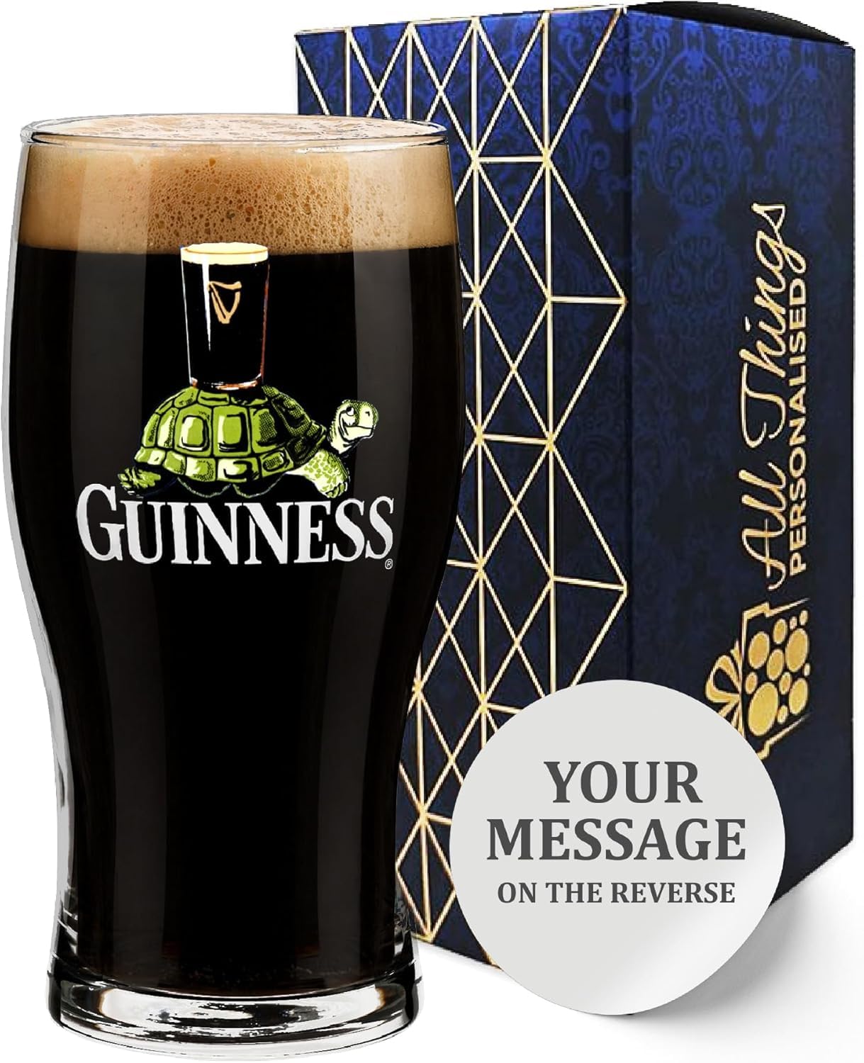 Official Tortoise Guinness Pint Glass, Engraved with Any Message, Personalise for Any Occasion, Gift Boxed, Holds Up to 20oz/570ml