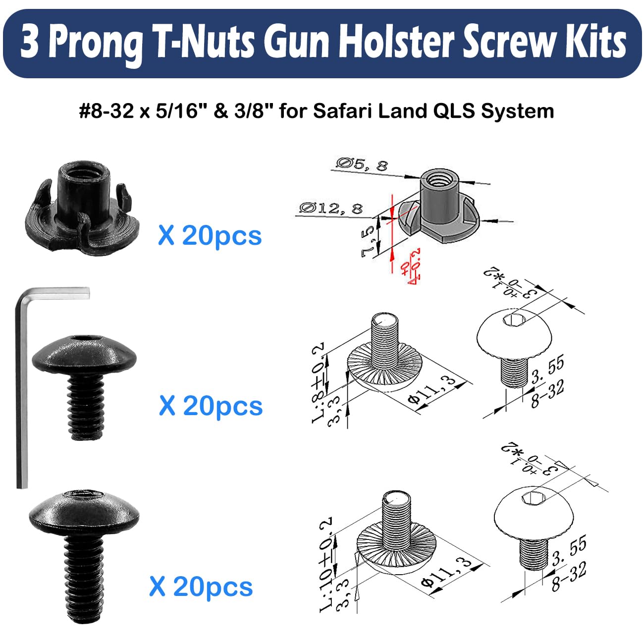 60 Pcs Black 3 Prong T-Nuts Gun Holster Screw Kits #8-32 x 5/16" & 3/8" for Safari Land QLS System/Holster, Kydex, Leather Gun Holsters & Knife Sheaths, Wood