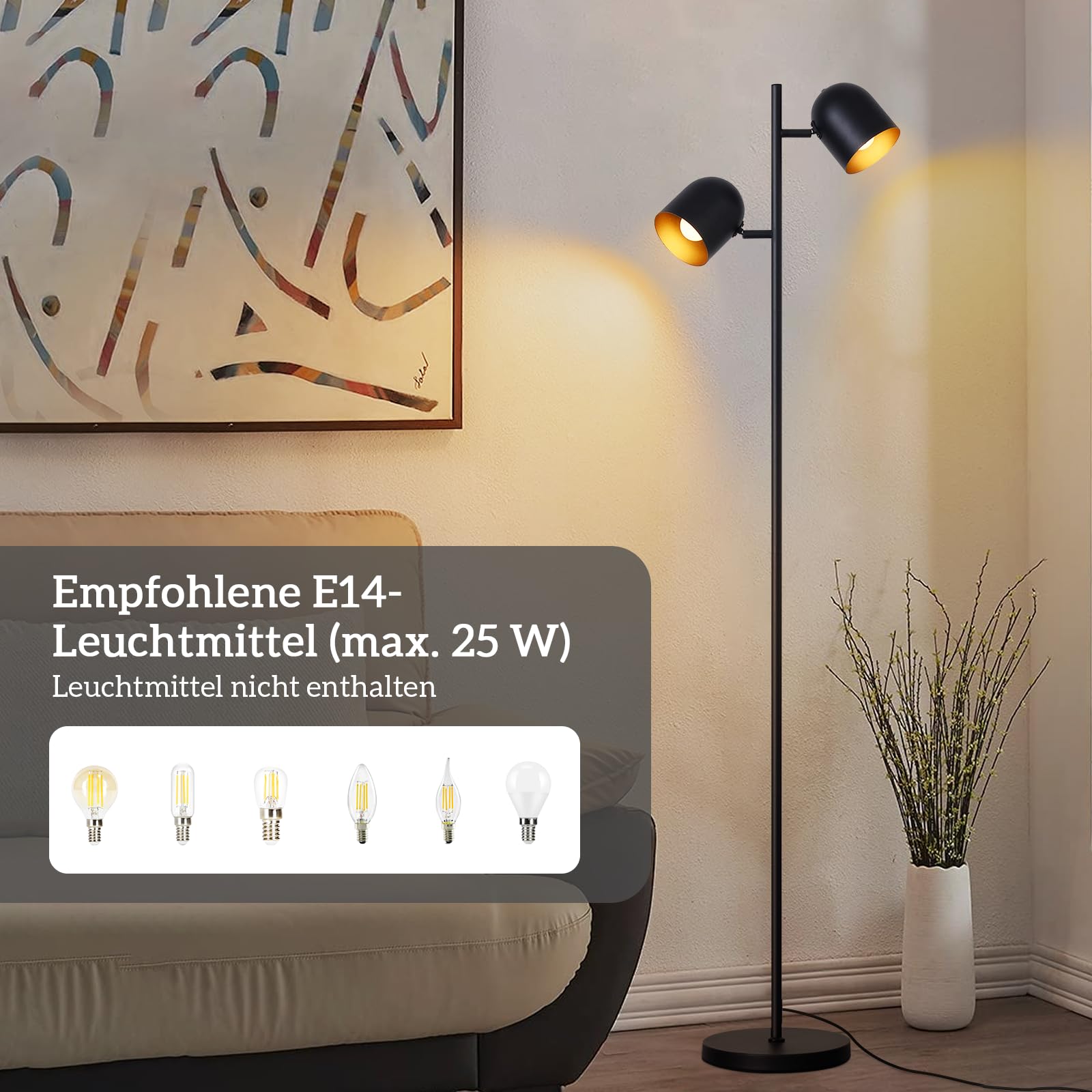 Stehlampe Vintage Wohnzimmer Stehleuchte retro: Industrial Standleuchte 2 Flammig in Schwarz Gold Standlampe aus Metall E14 Schwenkbar 350° Leselampe für Schlafzimmer - Ohne Leuchtmittel