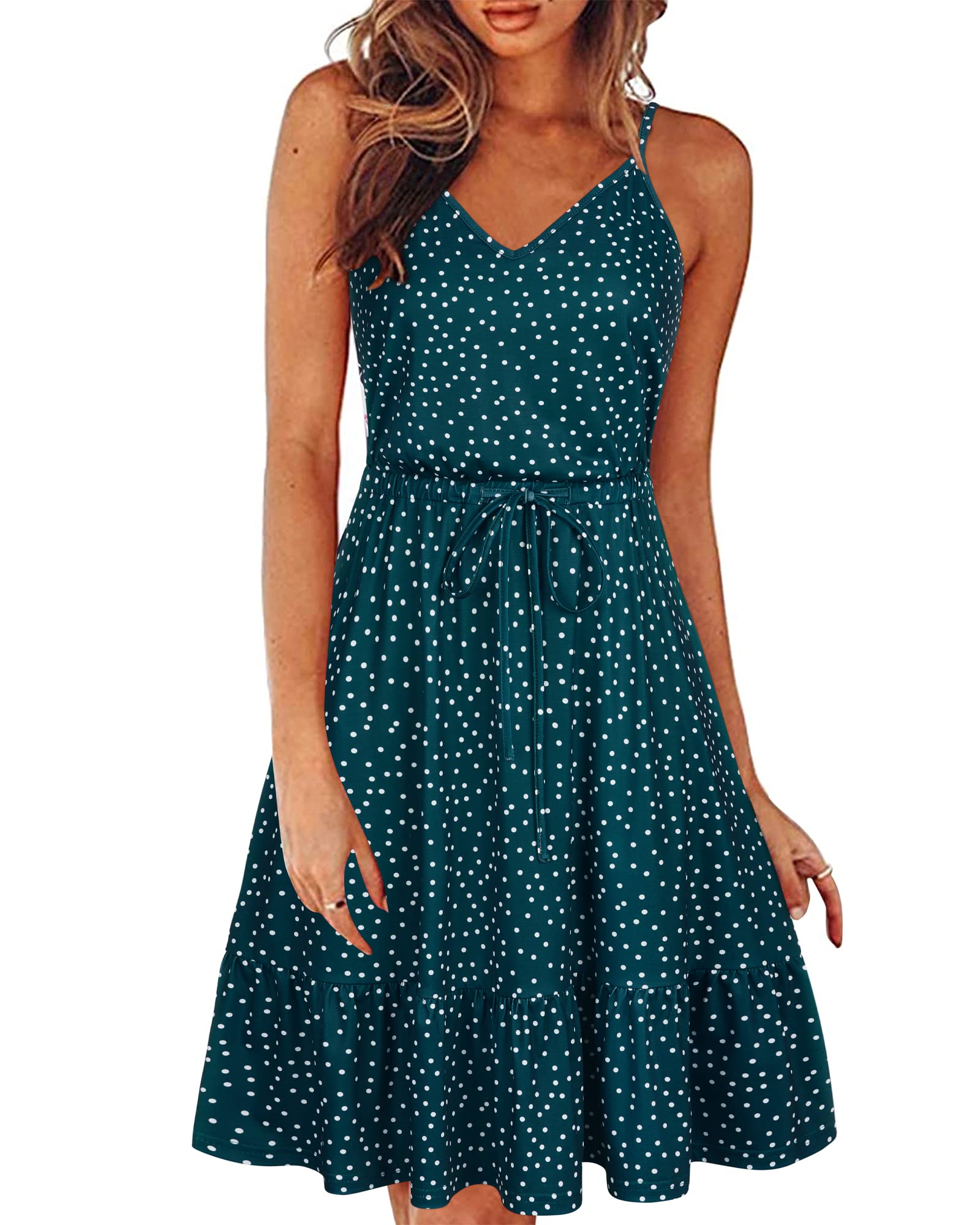 II ININ Women's Summer Dresses V-Neck Spaghetti Straps Sun Dress Sleeveless Casual Dress Floral Pattern Swing Midi Dress with Pockets