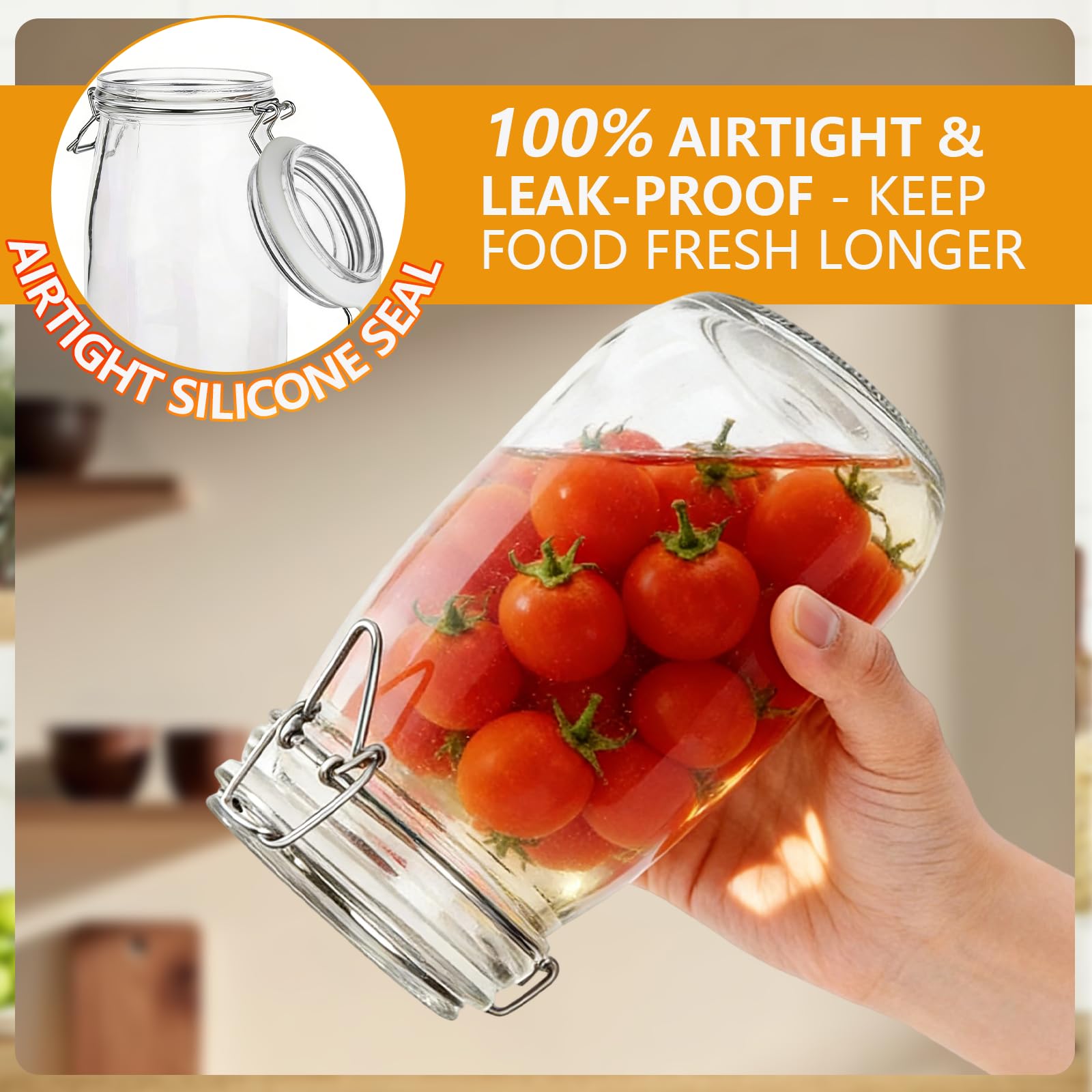 Eidoct Set di 6 barattoli in vetro con coperchio ermetico e guarnizione in silicone, 1,5 litri, con chiusura a clip, per conservare alimenti, pasta, caffè, zucchero, avena, lievito naturale e