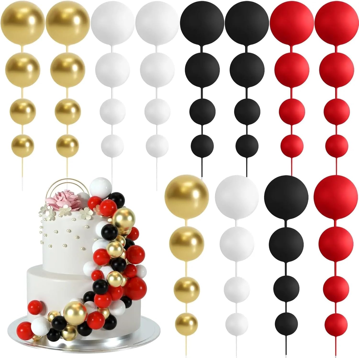 48pcs Red and Black Cake Decoration Balls - Suitable Cake Toppers for Birthday Parties and Weddings(Black red)