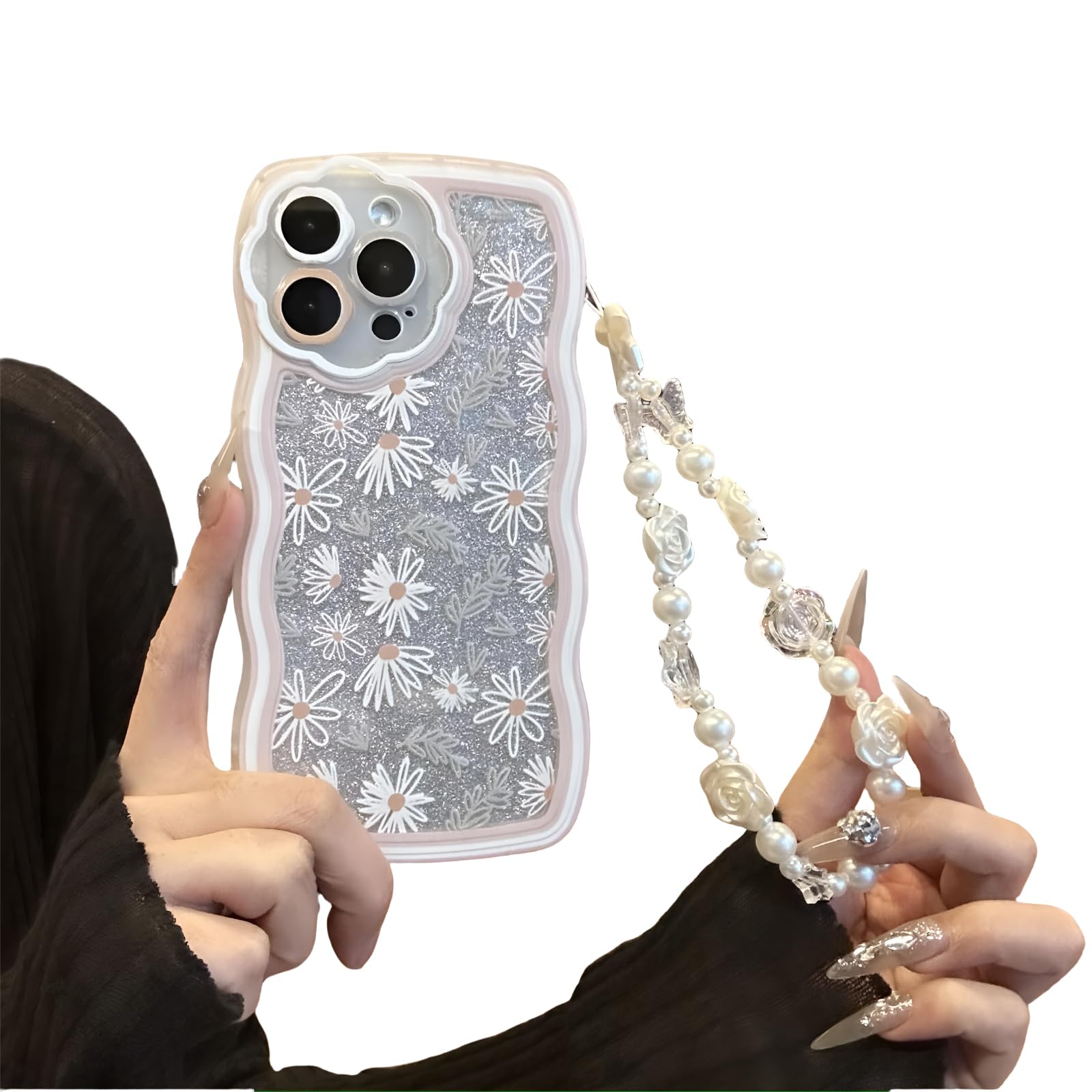 Compatible with iPhone 15 Pro Max Case,Floral Flowers Pattern Wavy TPU Soft Case[with Beads Wrist Strap Bracelet Chain and Glitter Cardstock] for