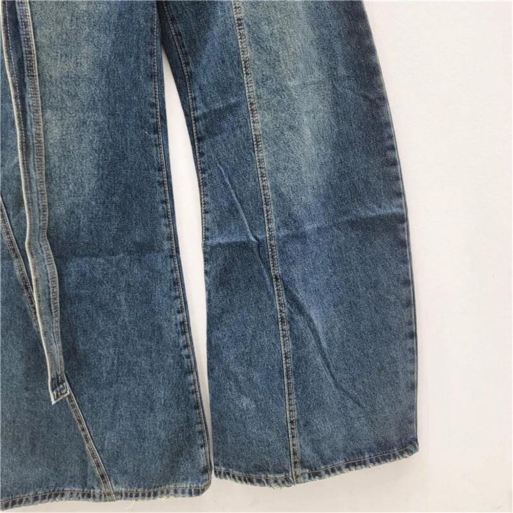 Women's High Waist Wide Leg Jeans with Decorative Buttons and Ribbon Ties Curved Hem Detail Denim Trousers