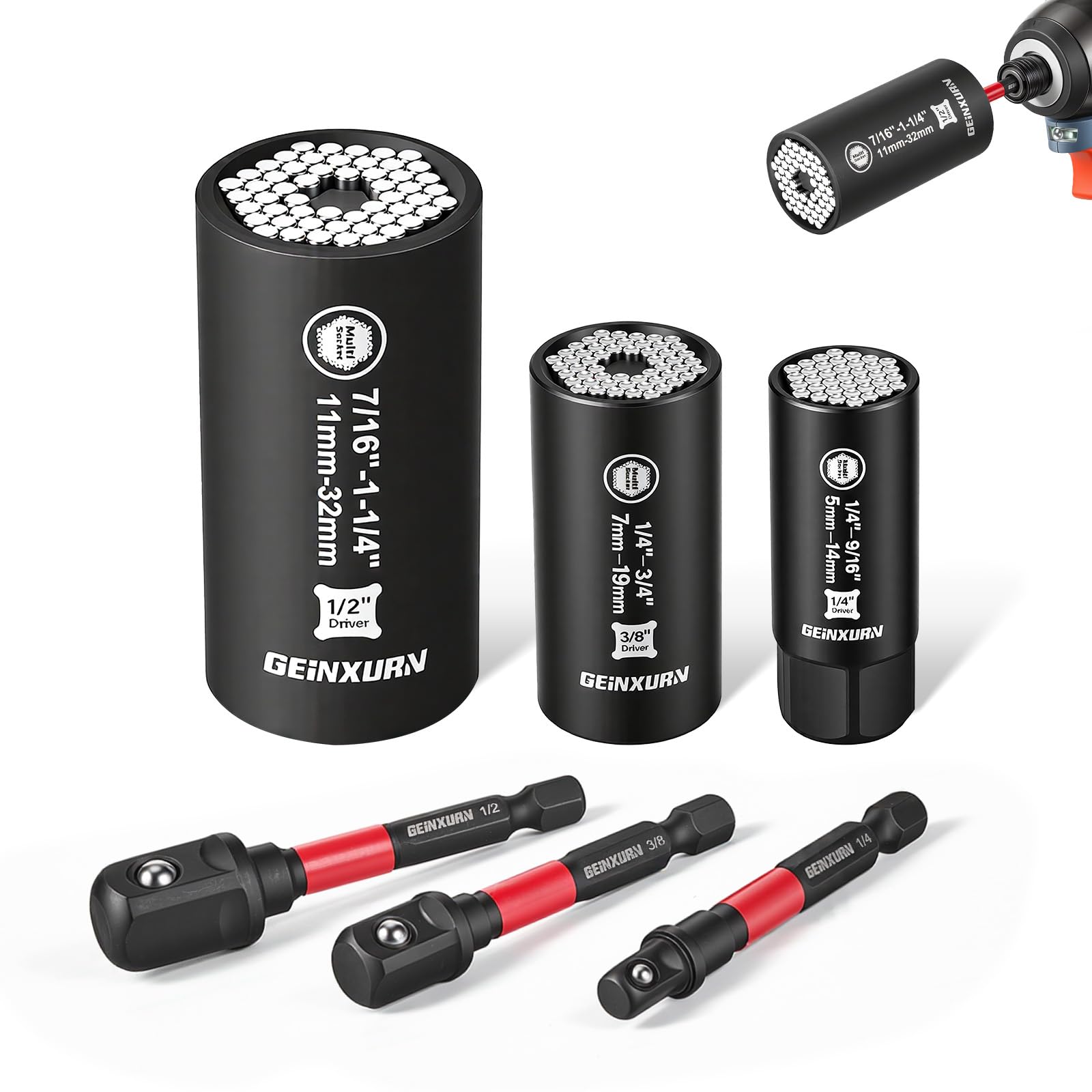 GEINXURN 6-teiliges Universal Steckschlüssel Set, 3 Universal Multi Cr-v Stecknuss (5-14 mm, 7-19 mm, 11-32 mm), 3 Sechskant Adapter (1/4", 3/8", 1/2") für Schrauben, Muttern & Bolzen