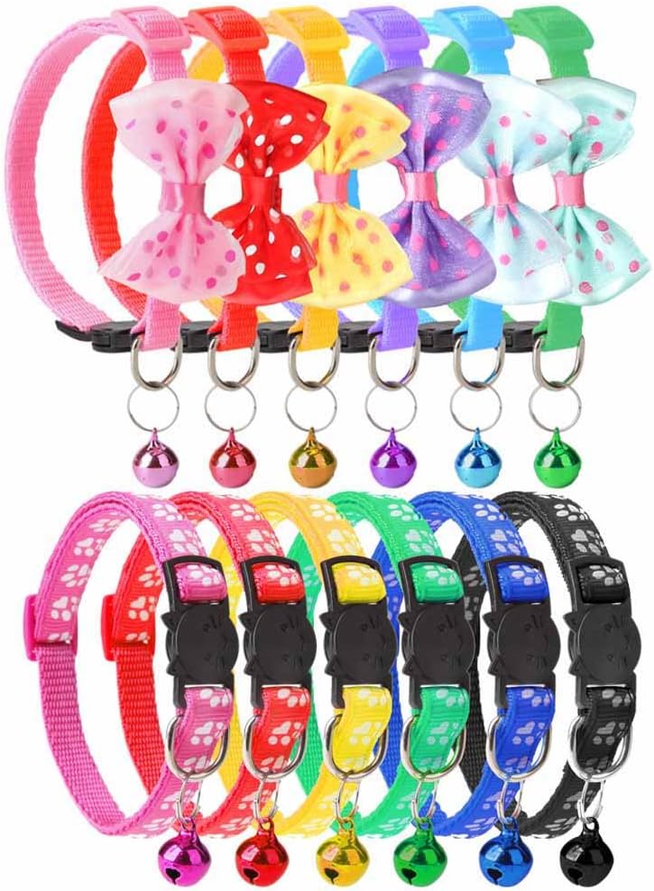 Breakaway Cat Collar with Bell, Kitten Puppy ID Collars (Bow Tie & Paw Print)