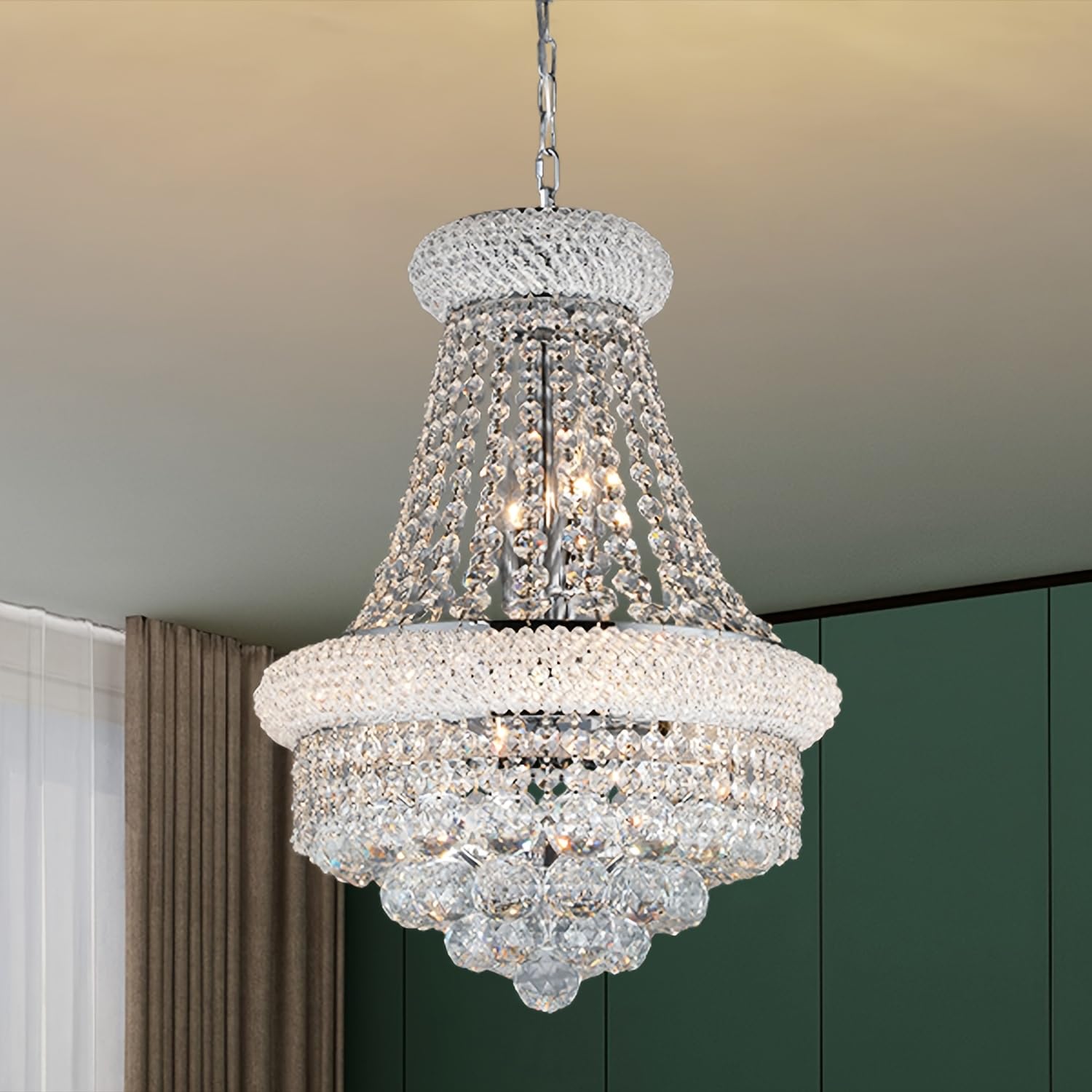 Nowoczesne srebrne kryształowe żyrandole do jadalni, Smart Dimmable Luxury 6-Light Empire Style K9 Crystal Lighting Fixture do salonu, sypialni, średnica 42 cm