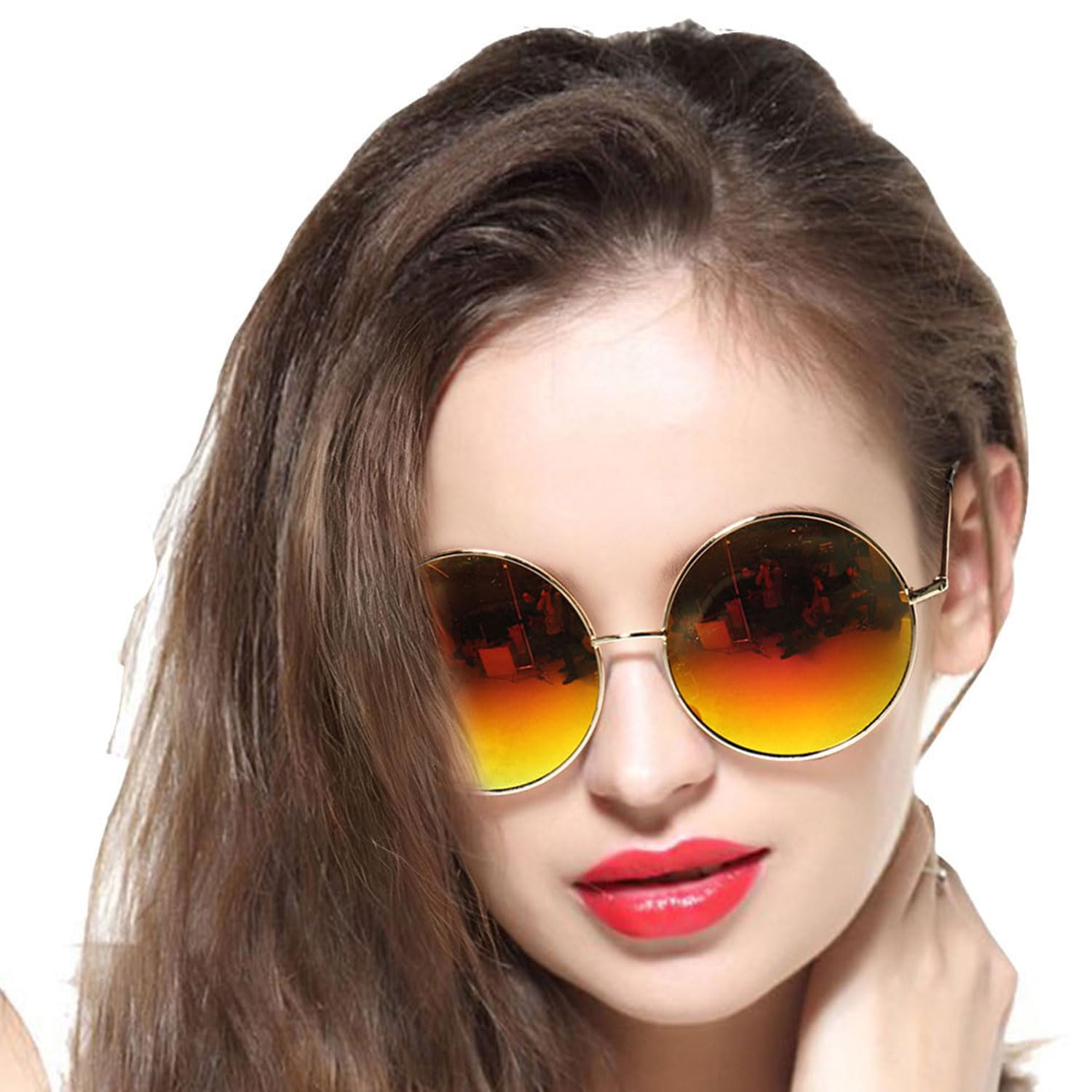 Lunettes De Soleil Rondes GEELOOK Pour Femme - Cadre Métal Orange, Verres Miroir Hippie, Taille XL - Look Vintage & Fun