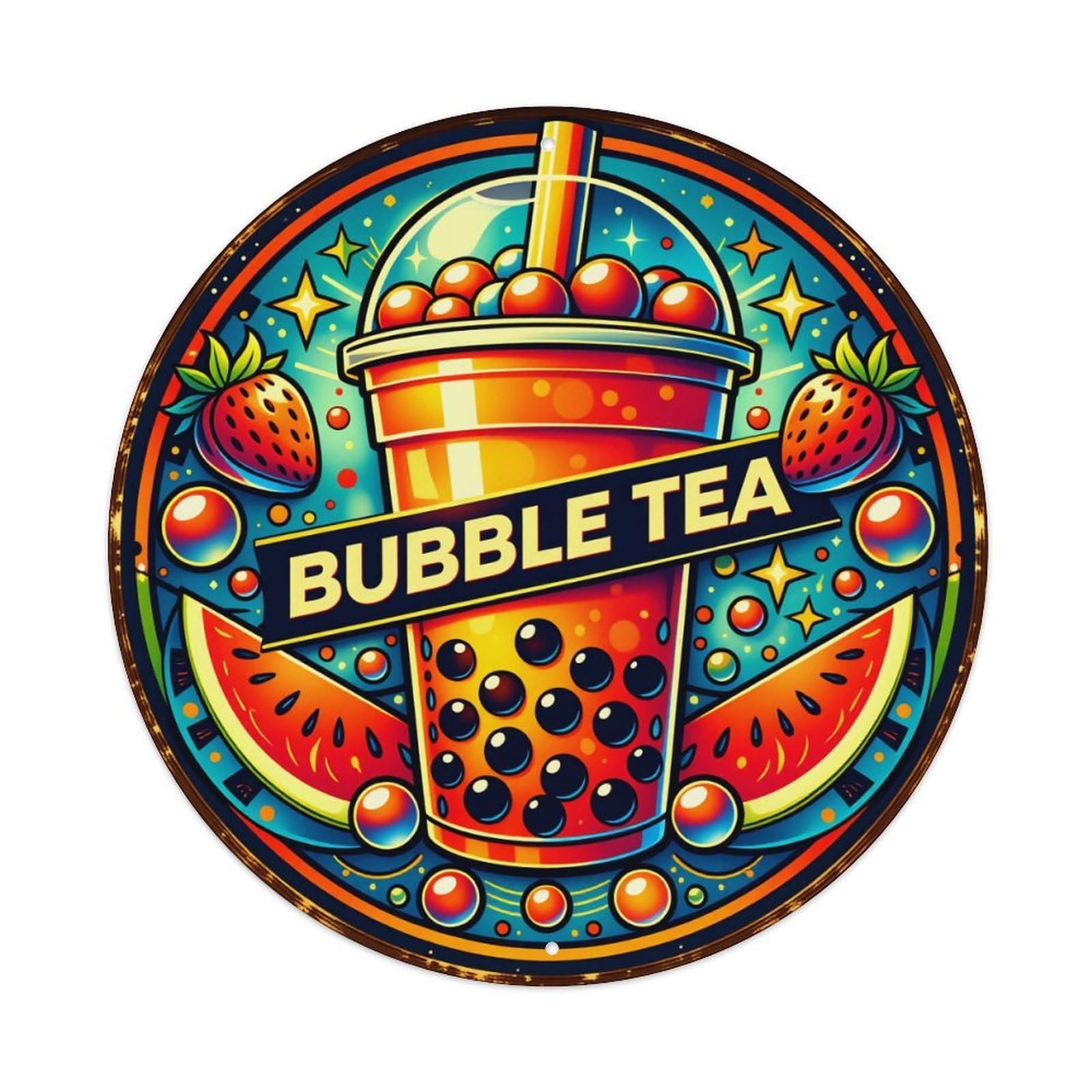 Bubble Tea Fruit Pattern Design Round Tin Sign Vintage Style Metal Sign Home Bar Garden Wall Plaque Decor Metal Poster 8x8 Inch