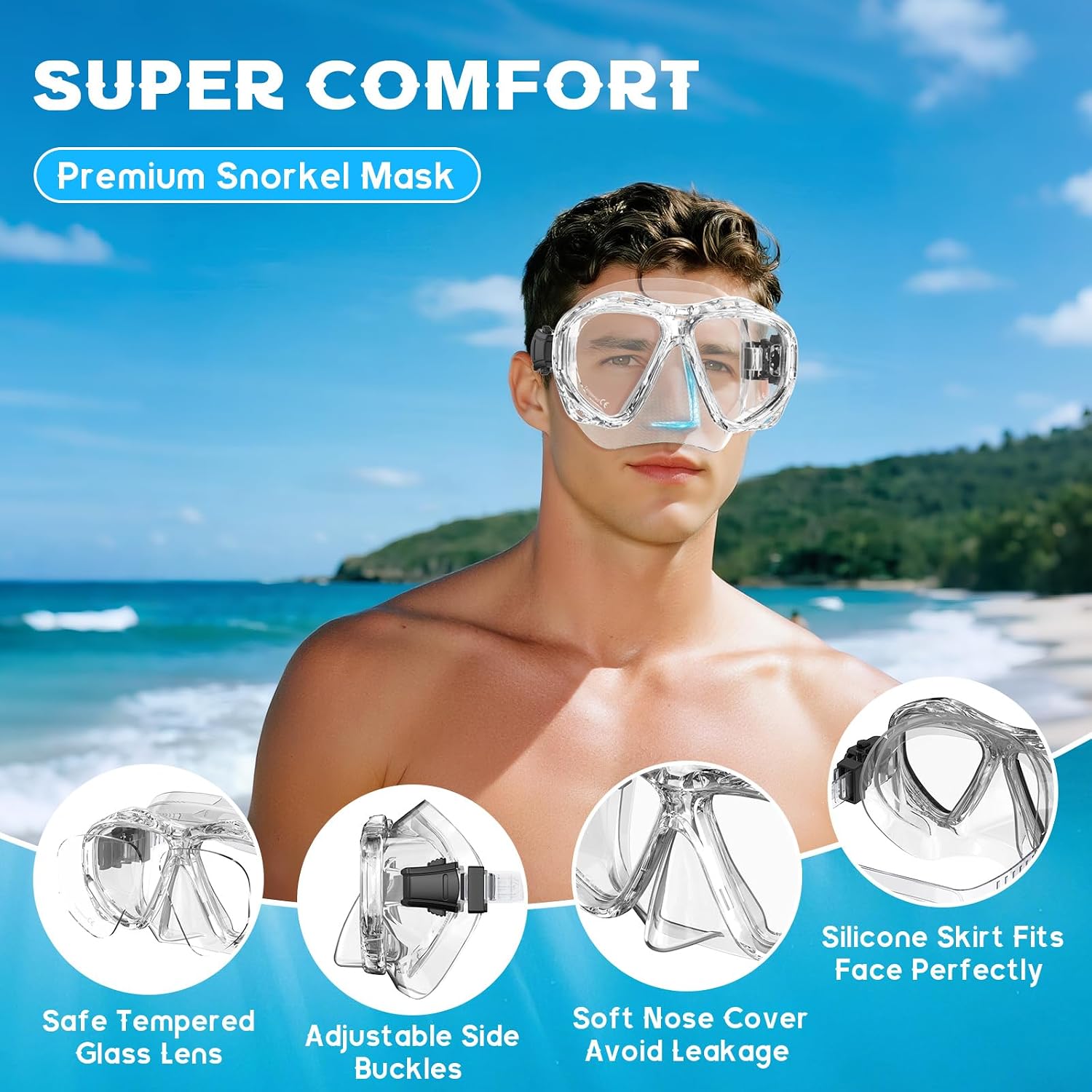 Snorkeling Gear for Adults, Dry Top Snorkel Mask Set, Diving Scuba Mask, Swimming Goggles with Nose Cover, HD Tempered Glass Panoramic Swim Freediving Anti-Leak Anti-Fog Travel Packages