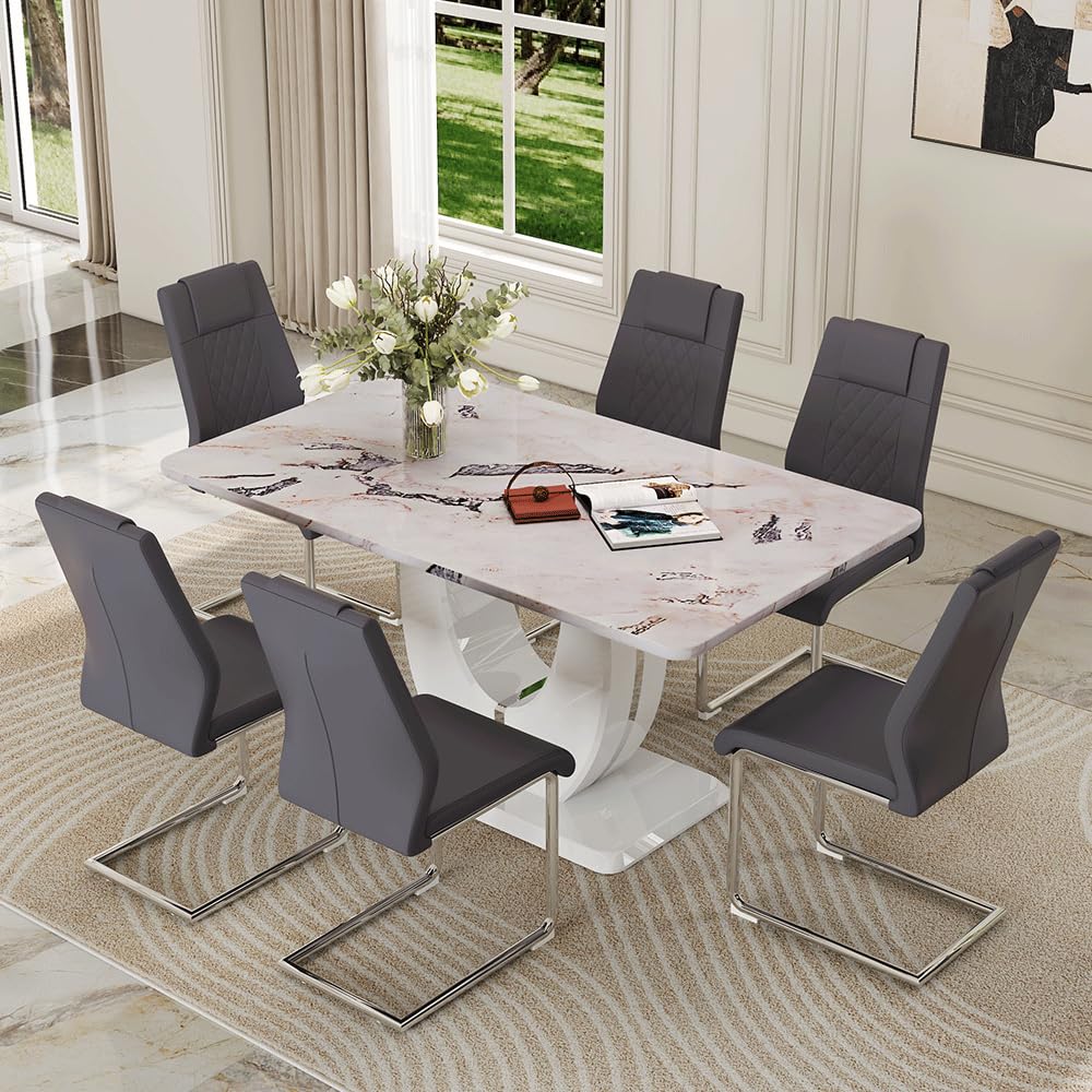 Dining Table Set for 6, Kitchen Table Chairs Set of 6, Modern Dining Room Set 63'' Faux Marble Dinner Table PU Leather Upholstered Chairs for Kitchen