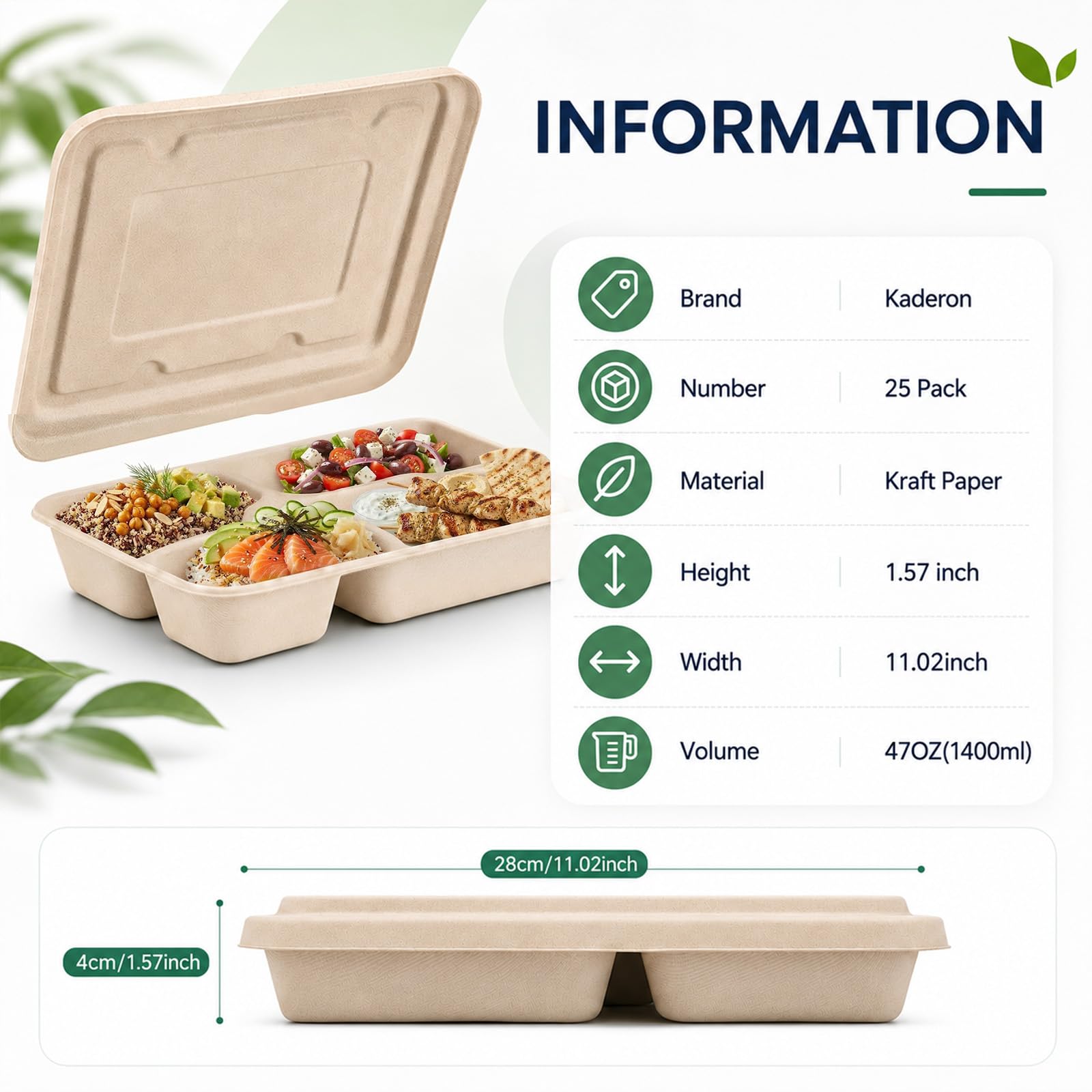 Kaderron Recipientes compostables para alimentos con tapas, 4 compartimentos, paquete de 25 unidades, biodegradables, desechables, a prueba de fugas y apto para microondas para servicio de alimentos
