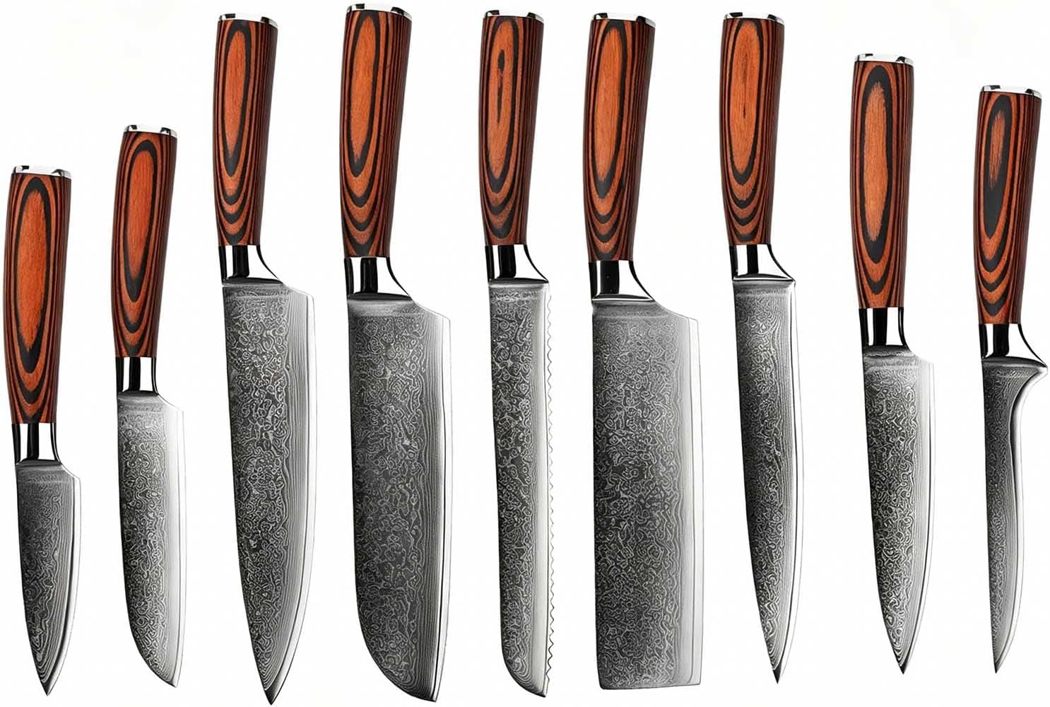 9 PCS Damascus Steel Kitchen Knife Set, Multipurpose Cleaver Slicing Knife & Japanese Cooking Knife, Ultra Durable Razor Sharp Kitchen Cutlery for Daily Food Prep brown