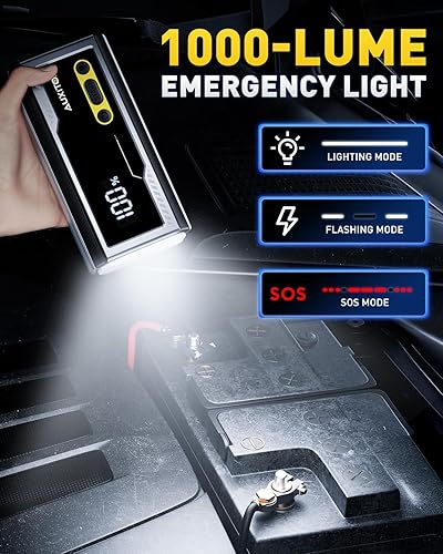 Miniatura 5 de AUXITO Arrancador de batería portátil de 8000 A con pantalla LCD grande, cable de salto con abrazaderas inteligentes, banco de energía, linterna de