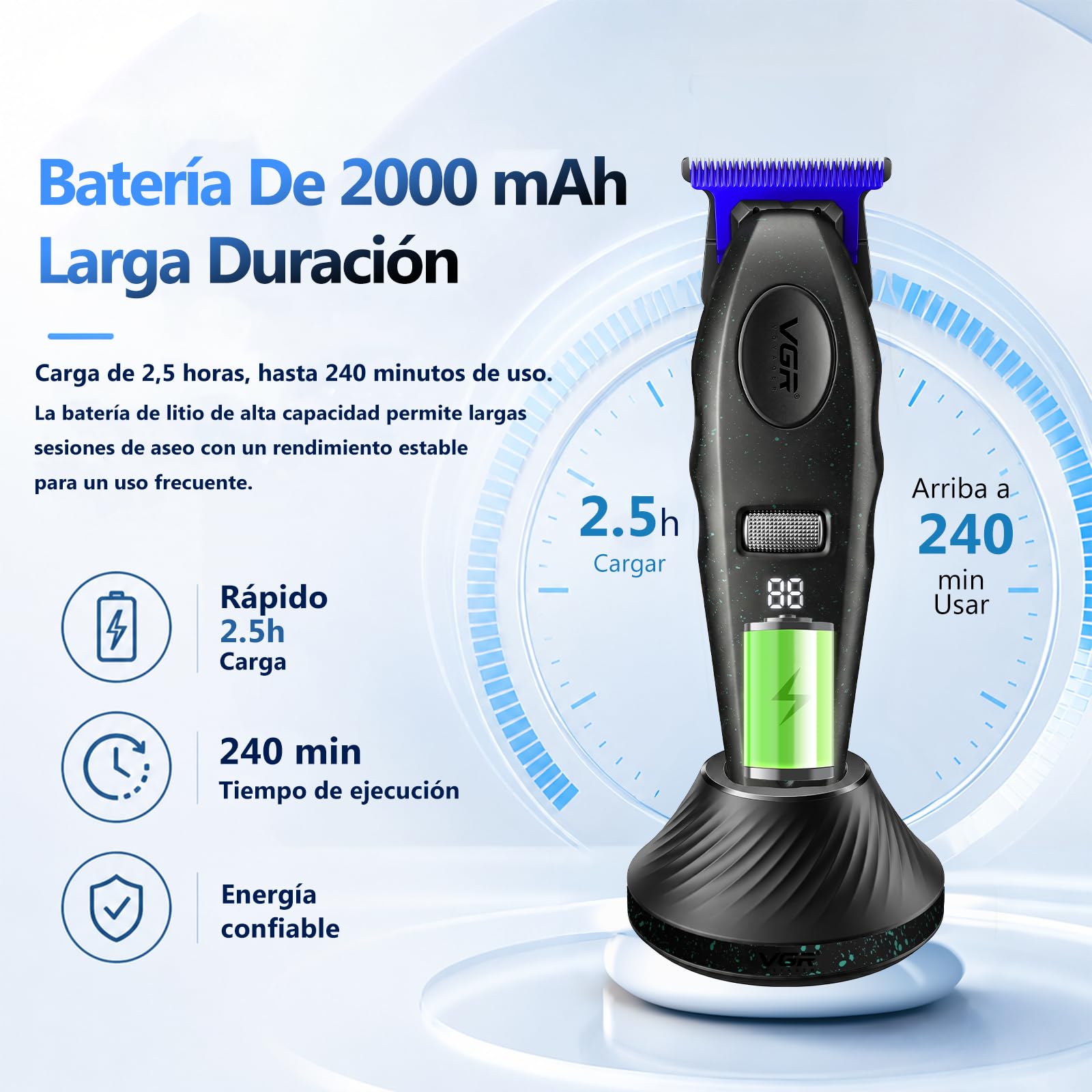 VGR 887T Máquina de Cortapelos Profesional, 6 Velocidades, 9000 RPM, Negro | Recortadora de Contornos 6 Niveles, Cuchilla de Cerámica Desmontable y Lavable para Hombre, Base de Carga