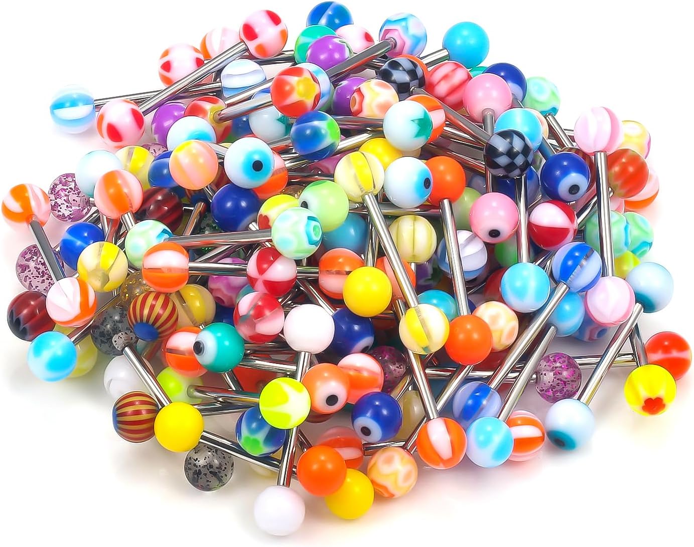 14G 100Pcs Colorful Ball Surgical Steel and Bioflex Flexible Acrylic Nipple Tongue Rings Piercing Jewelry 14 Gauge Straight Barbell Tongue Nipple Ring Piercing Jewelry Retainer For Women Men