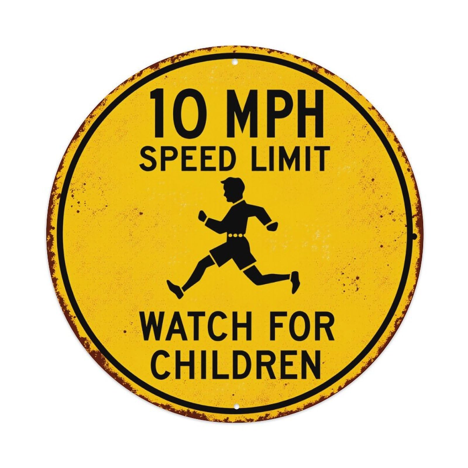 Yellow Circle Speed Limit Sign With Running Child Symbol Vintage Metal Tin Sign Retro Wall Decor for Home Bar Garage Cafe, Indoor & Outdoor Decorative，circle Metal Poster, 8x8 Inch