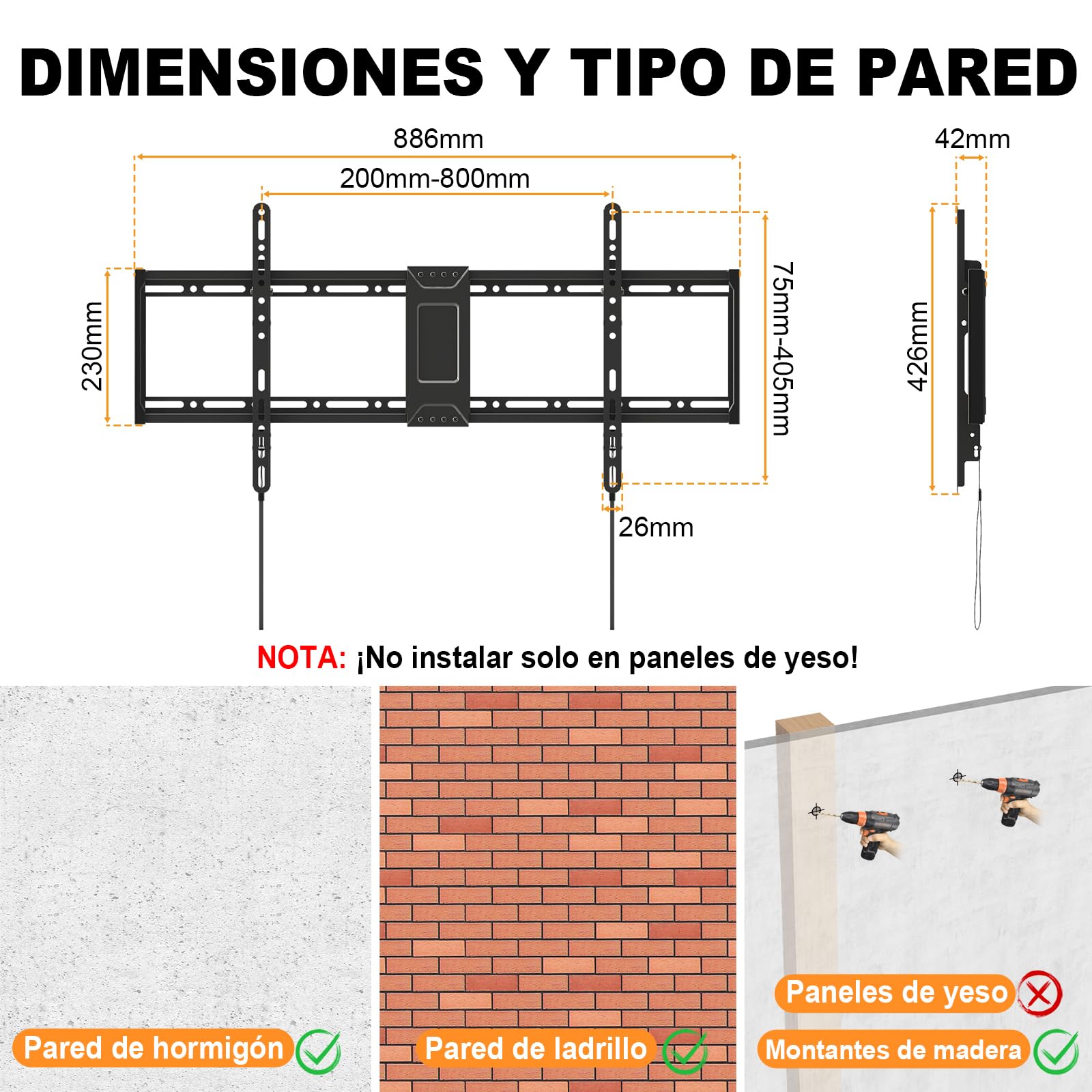 Soporte de Pared Universal para TV Inclinable 43-95 Pulgadas, Soporte Plano para TV hasta 75kg, Compatible con VESA 800x400, para TVs Curvos y Pantallas Planas, Negro