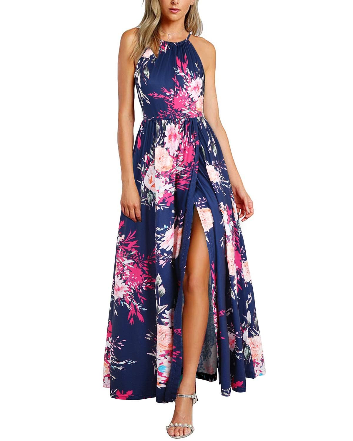 KILIG Abito Estivo Maxi Abito Lungo da Donna Allacciatura al Collo Elegante Abito Estivo Abito da Festa per invitati a Nozze Abito Casual con Spacco