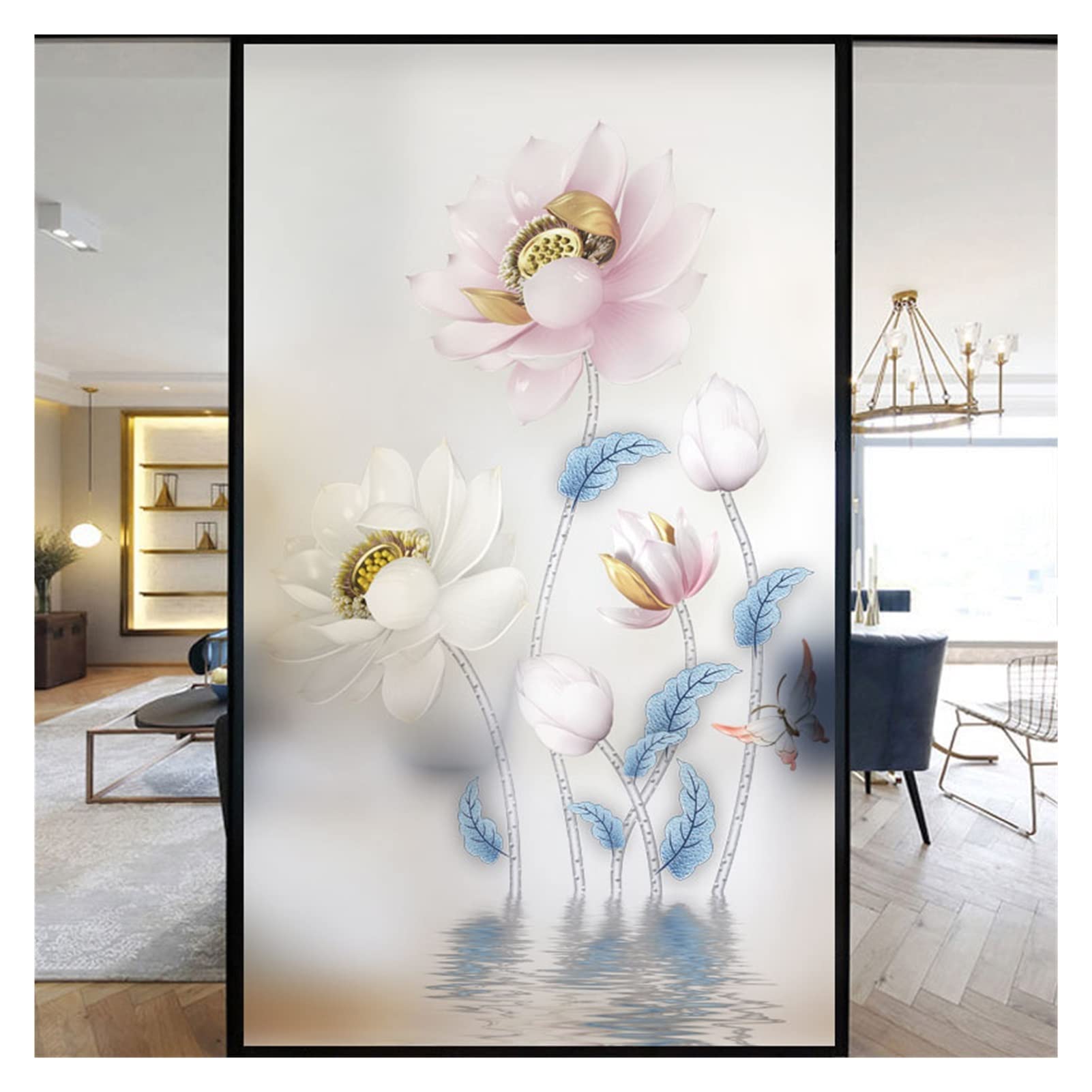 Window Film Windows Film Decorative Beautiful Lotus Flower Stained Glass Window Stickers No Glue Static Cling Frosted(Pattern F,90x200cm WxH)