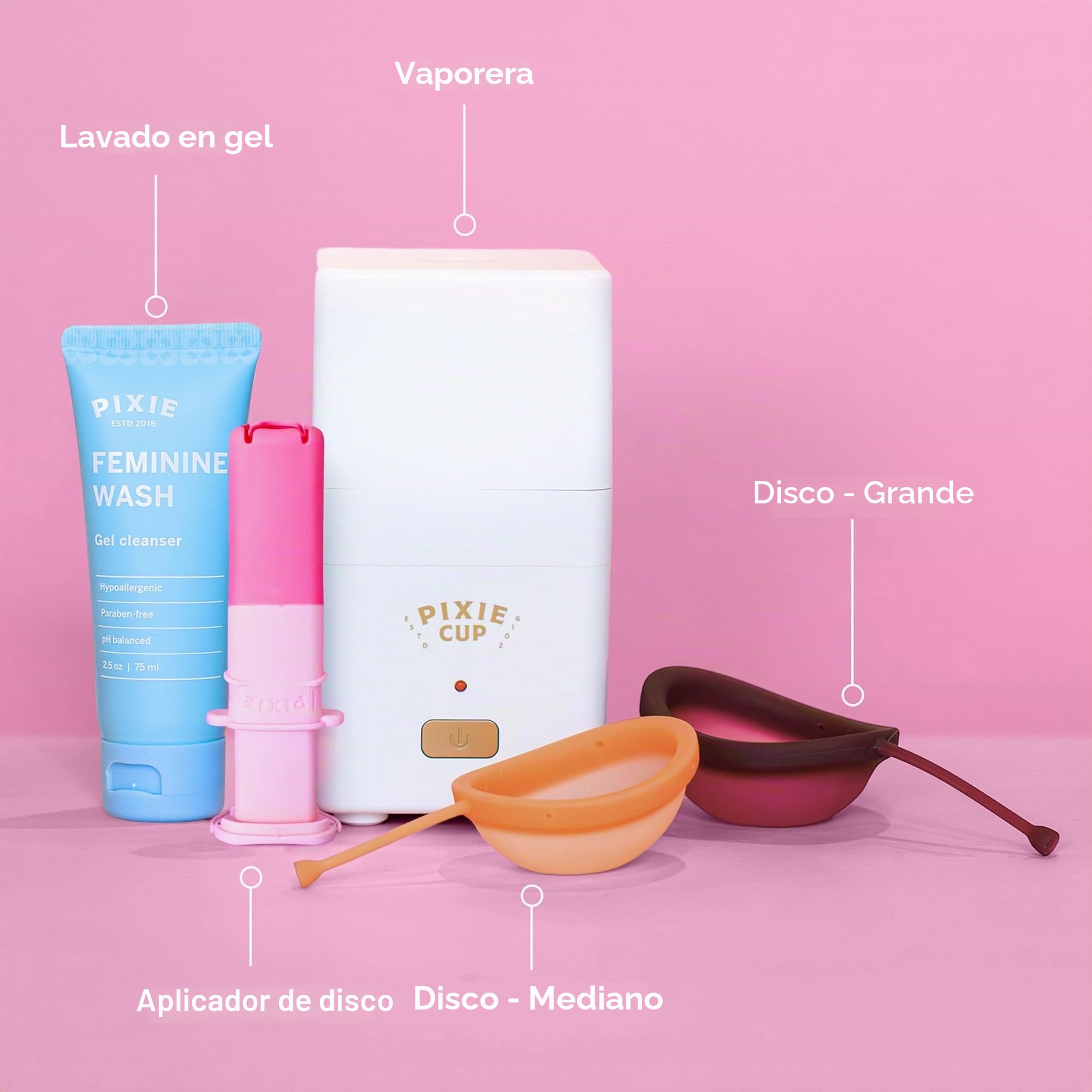 Pixie Discos Menstruales Set – 2 discos reutilizables con aplicador, esterilizador, gel de lavado íntimo y bolsa – Libre de metal y toxinas – Fácil aplicación similar a un tampón