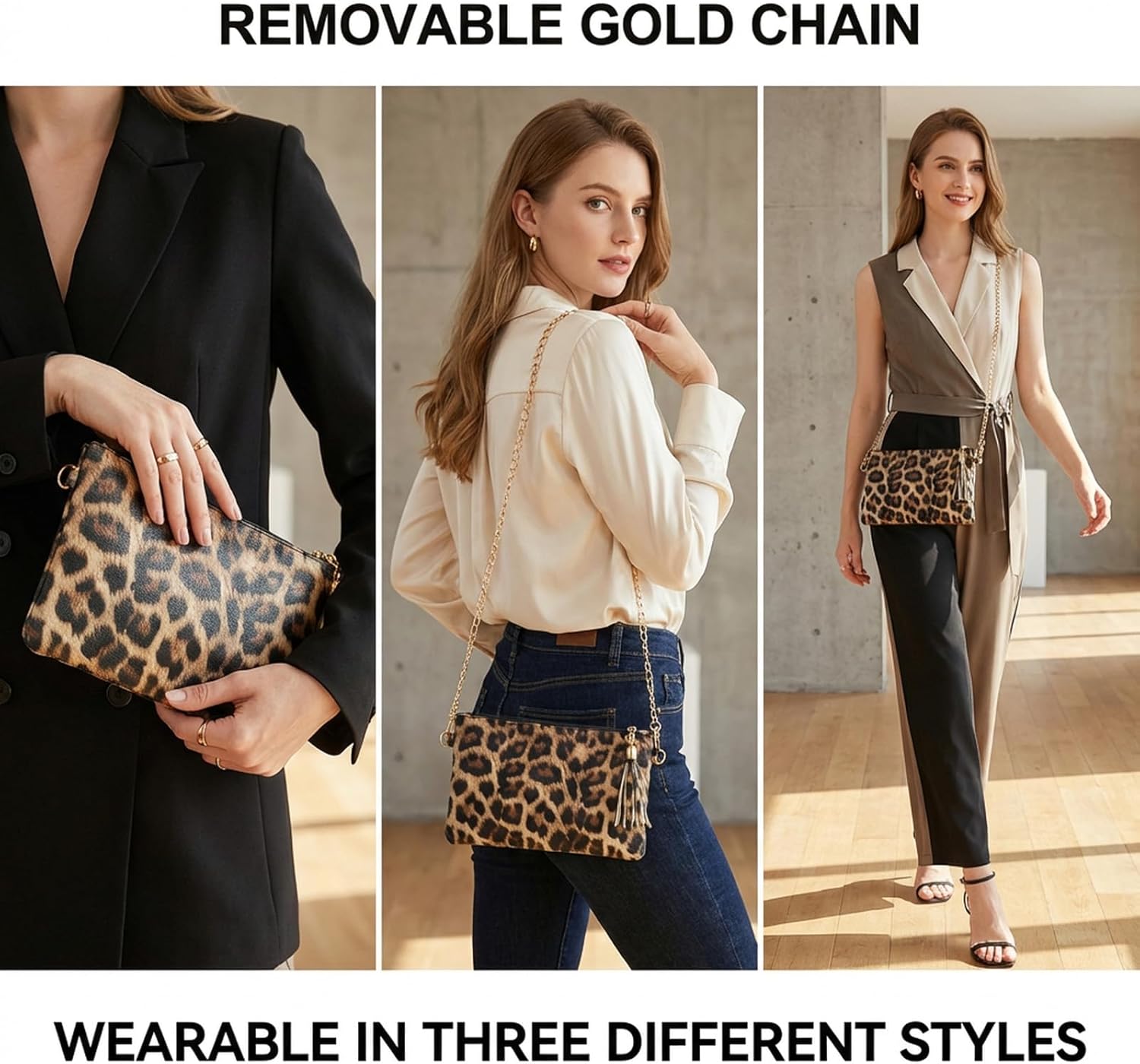 7 Pcs Leopard Jewelry Gift Set Boho Leopard Bracelet Earrings Ring Belt Necklace Clutch Purse Gold Chain for Women Party Cosplay