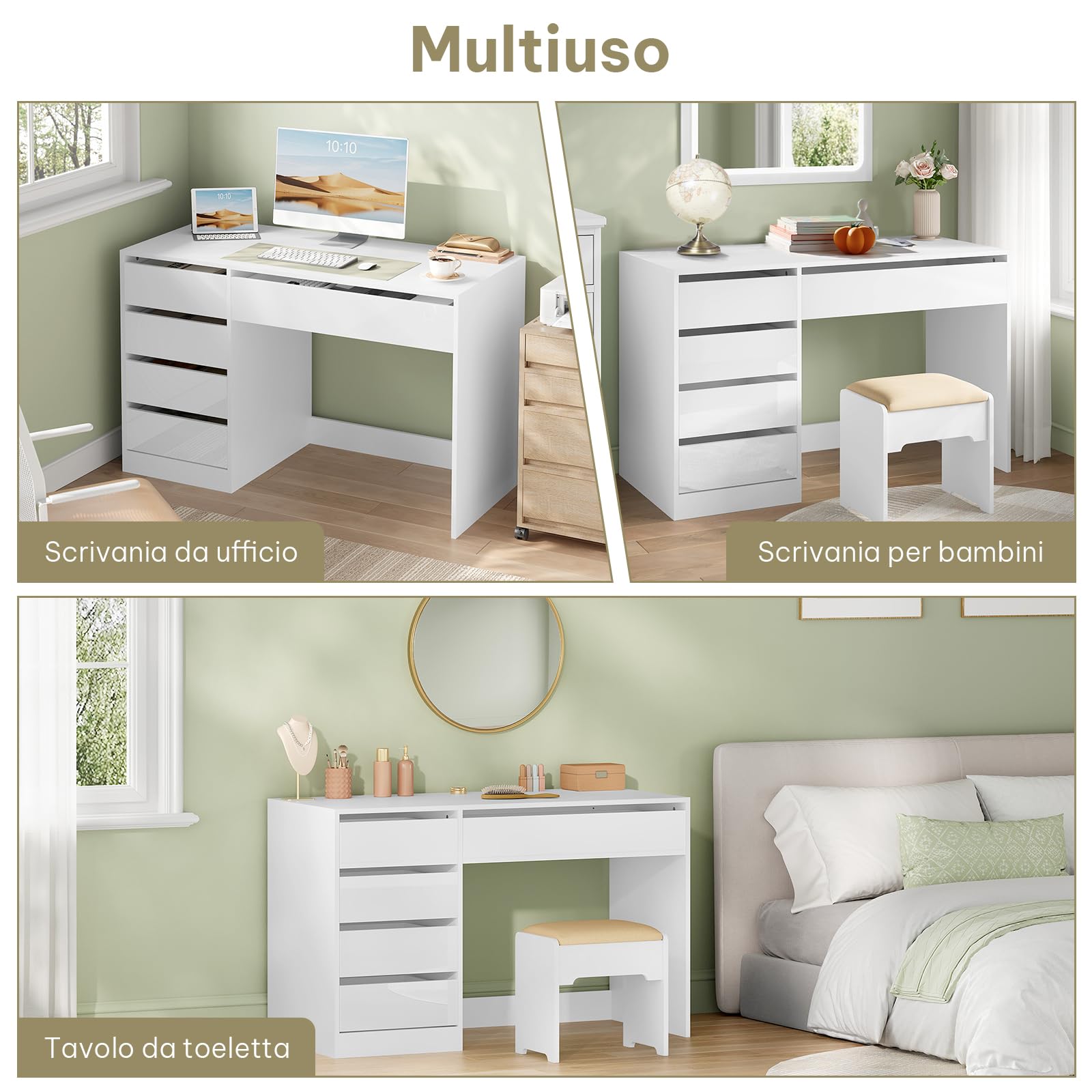 eSituro Scrivania Trucco, 120x55 cm, Toeletta con 5 Cassetti senza Specchio, Scrivania da Ufficio per Computer, per Ufficio, Studio e Camera da Letto, Bianco Brillante
