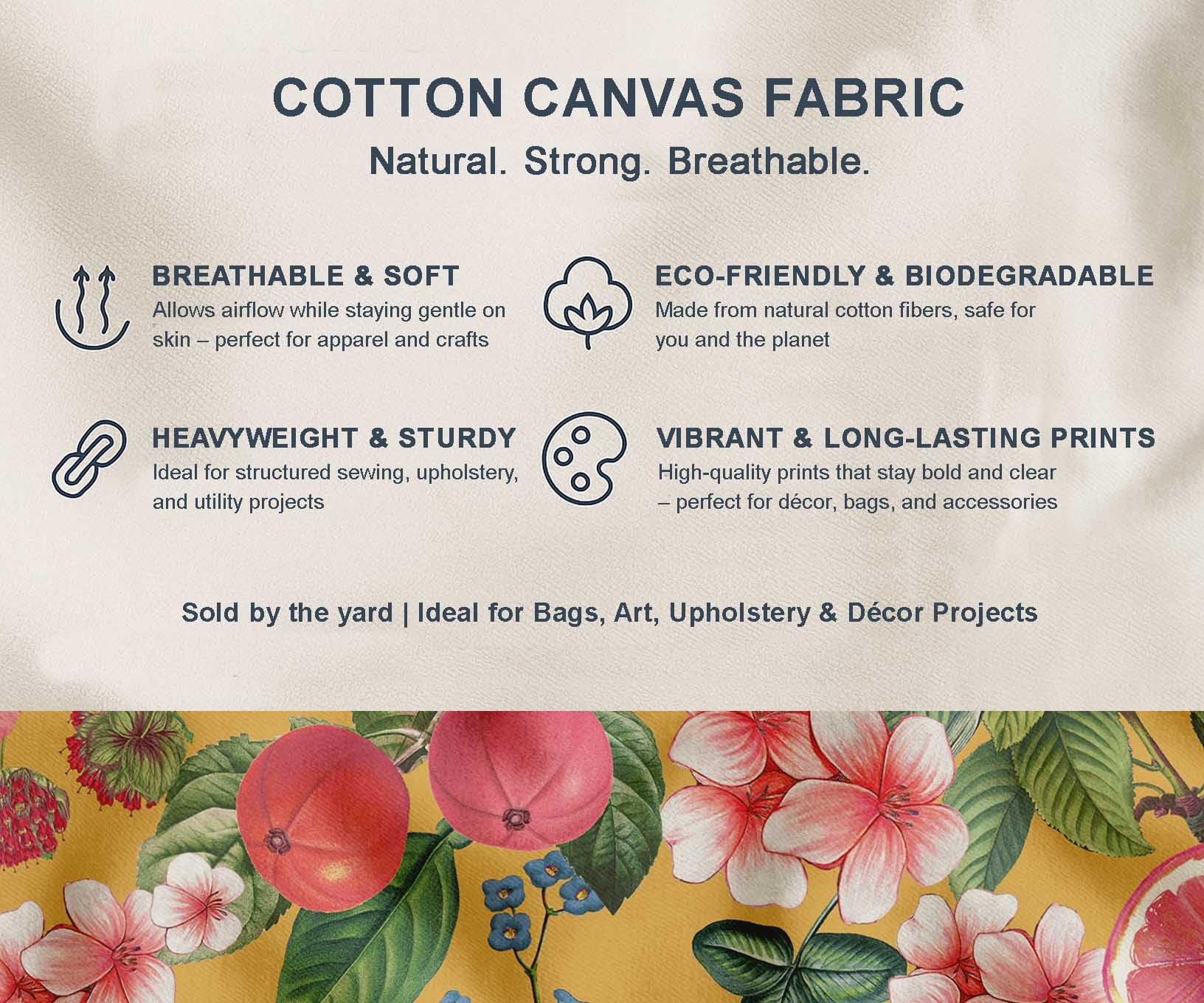 Soimoi Toile de coton | 142 cm de large, vendue au mètre | Motif fruits – Ocre | Tissu résistant de poids moyen pour sacs, rideaux, loisirs créatifs et décoration