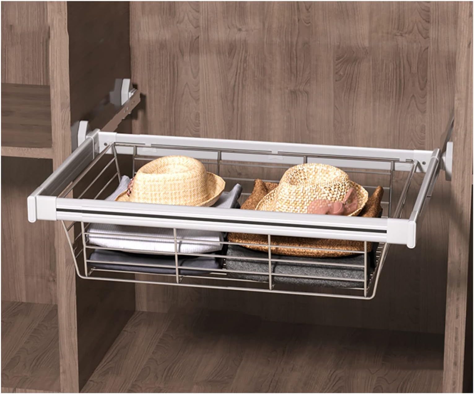 Wardrobe Pull Out Baskets Slide Rail Cabinet Storage Basket, Suitable for Sorting Wardrobe Clothes and Storage and Air Drying of Kitchen Utensils (Color : Silver, Size : 514-564mm)