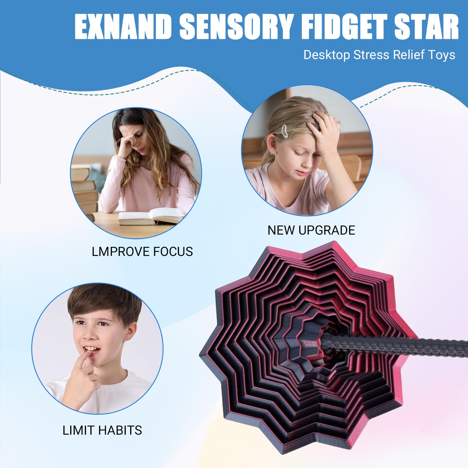 3PCS 3D Printed Expanded Fidget Star,Sensory Fidget Star with Handle for Focus & Stress Relief, Multicolor, 9cm*9cm - Image 3
