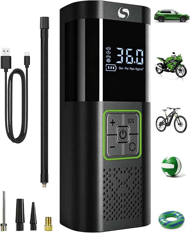 Compresor Aire Portatil, 150PSI Compresor Aire Coche, Inflador Ruedas Coche con Manómetro, Inflador Electrico, con Luz LED para Coches Moto Bicicleta Bola