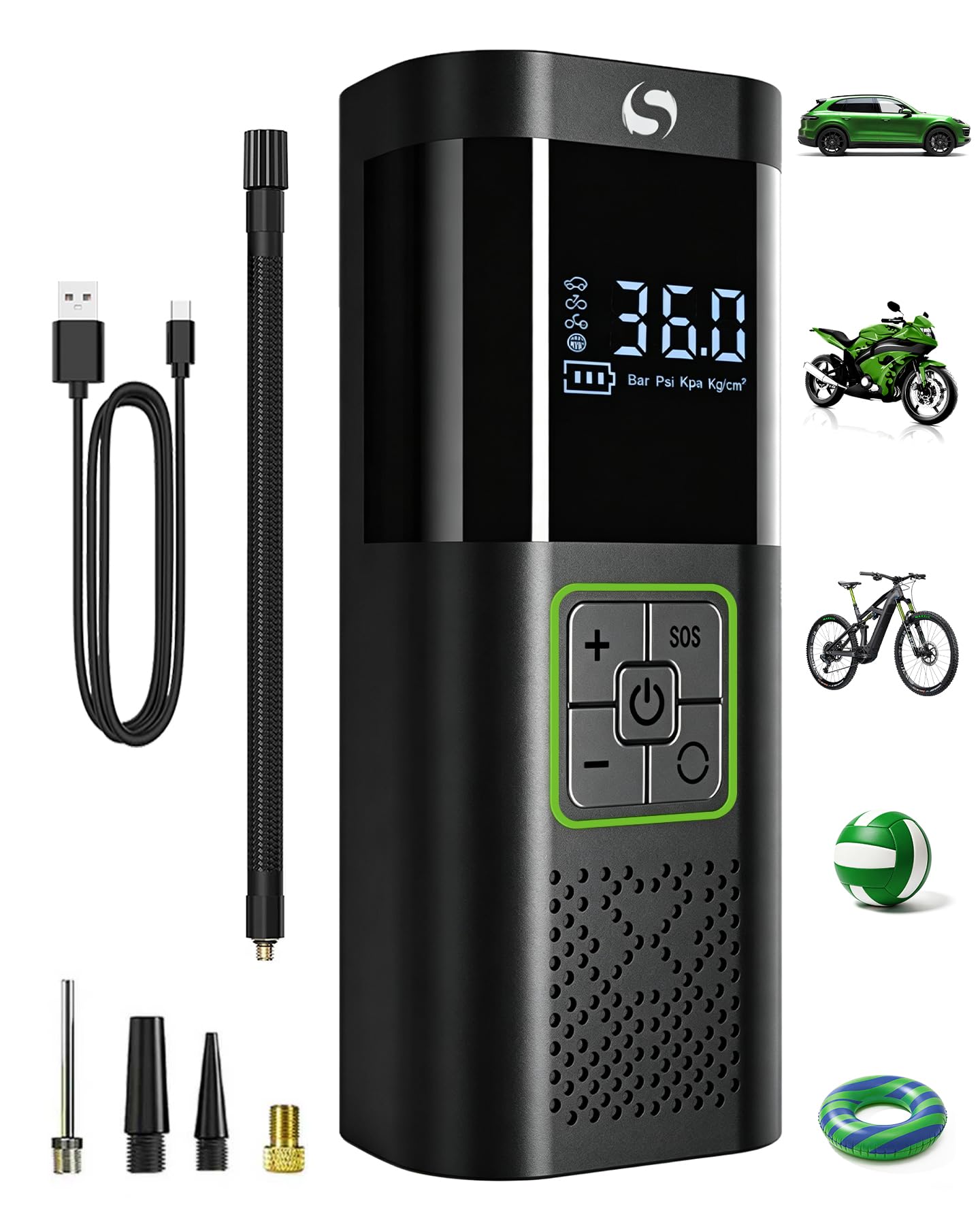 Compresor Aire Portatil, 150PSI Compresor Aire Coche, Inflador Ruedas Coche con Manómetro, Inflador Electrico, con Luz LED para Coches Moto Bicicleta Bola