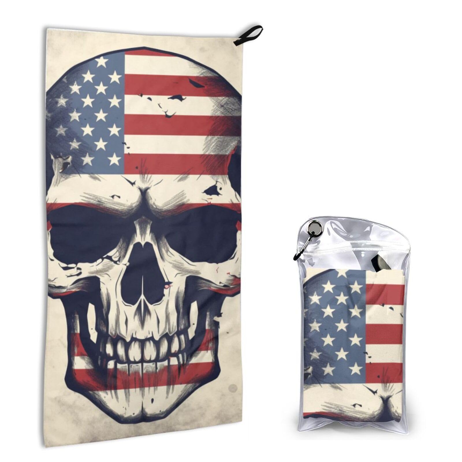BWWHCCTI Quick Dry Hand Towel With Bag - American Flag Skull Printed Super Absorbent Face Cloth Microfiber Travel Sports Towels 40x80cm