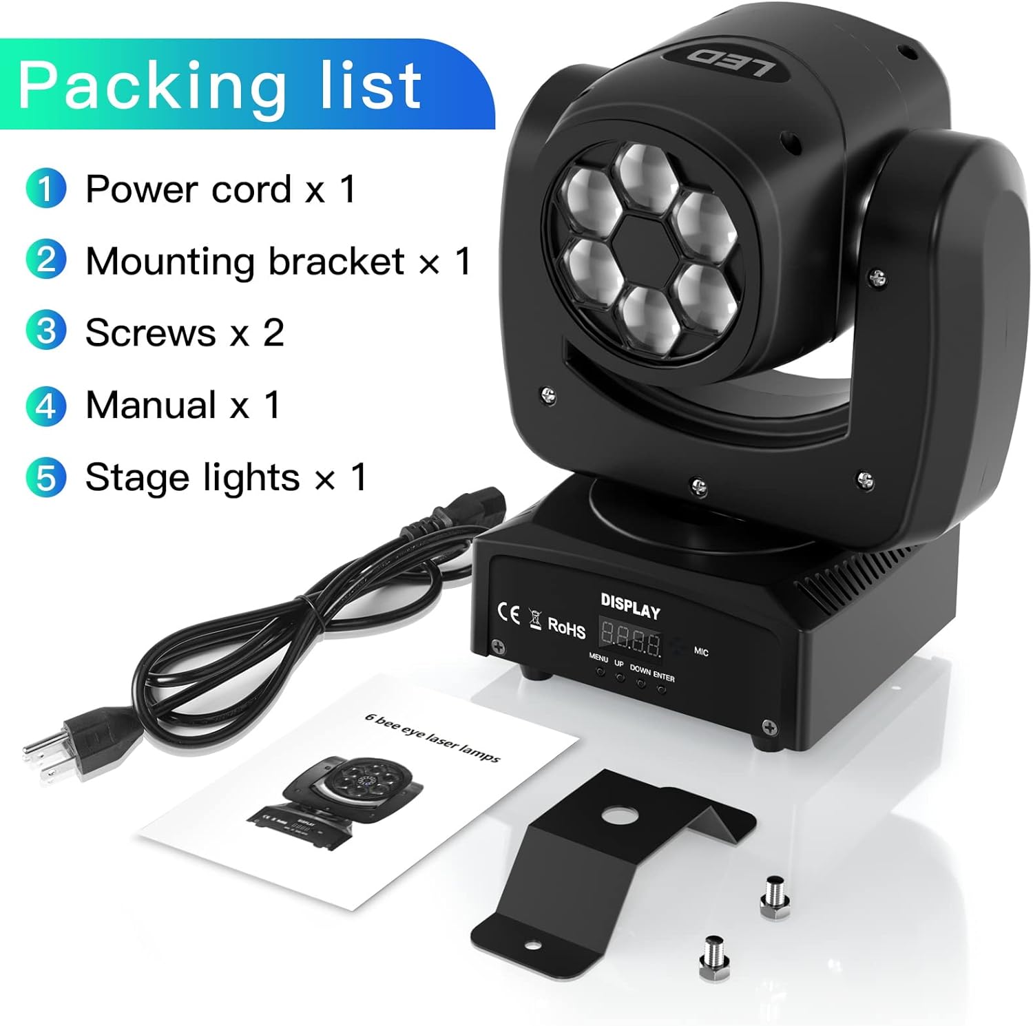 Image displaying the contents of the WZYBUTA Moving Head Light package: power cord, mounting bracket, screws, manual, and the stage light unit.